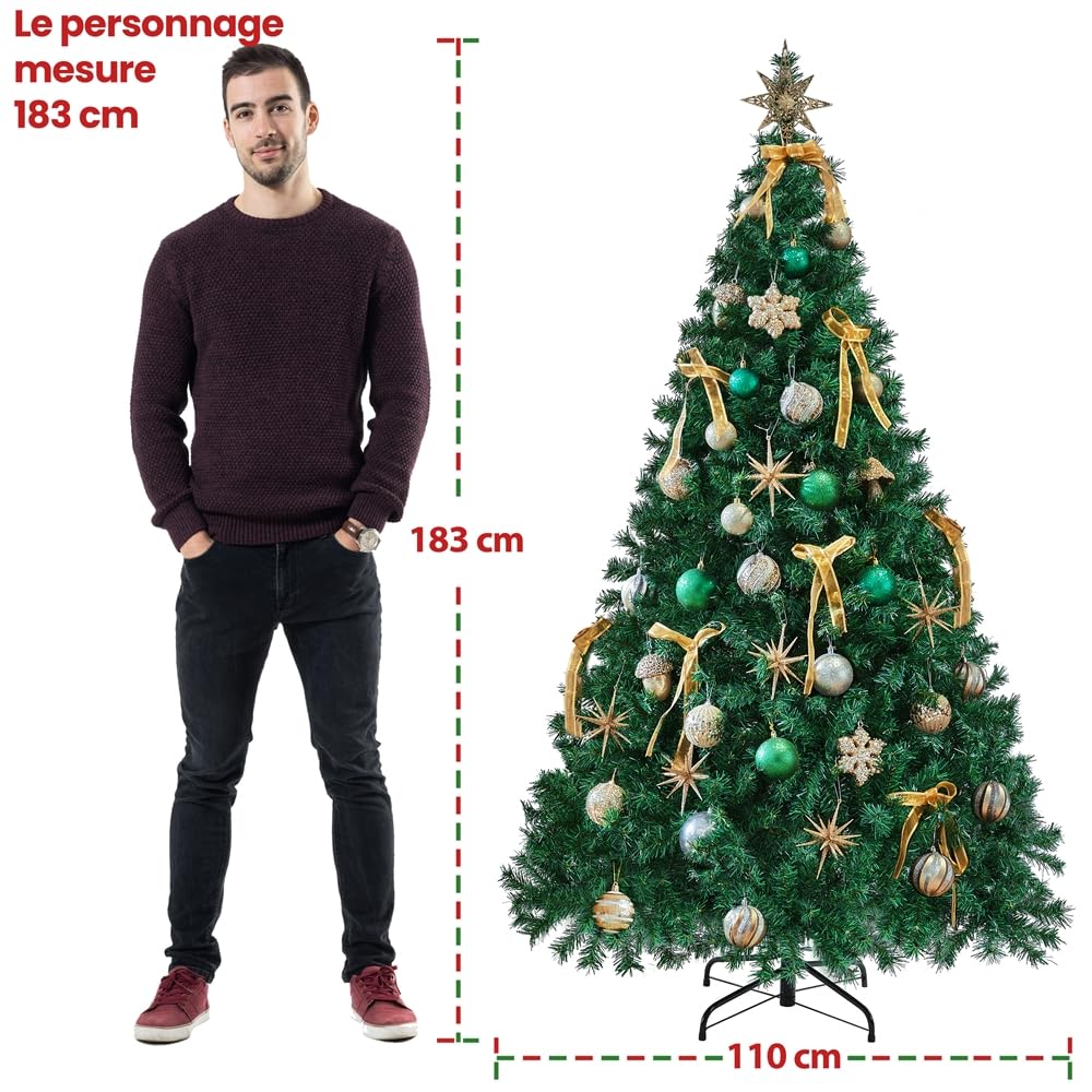 Yaheetech Sapin de Noël Artificiel 183 cm, Montage Rapide à Charnières | Arbre de Noël 1000 Branches en PVC avec Support Pliable en Métal, Pieds en Caoutchouc Antidérapants pour Maison, Bureau