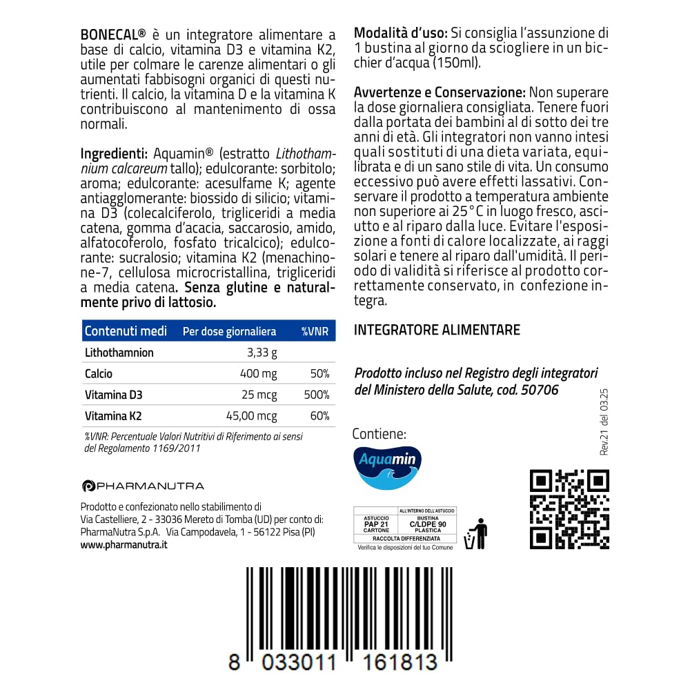 Integratore di Calcio Algale 100% vegetale Aquamin®, Vitam. K2, D3 (1000 UI), Salute delle ossa-denti-muscoli, No glutine, Pharmanutra BONECAL 20BUST OFFERTA TRE CONFEZIONI