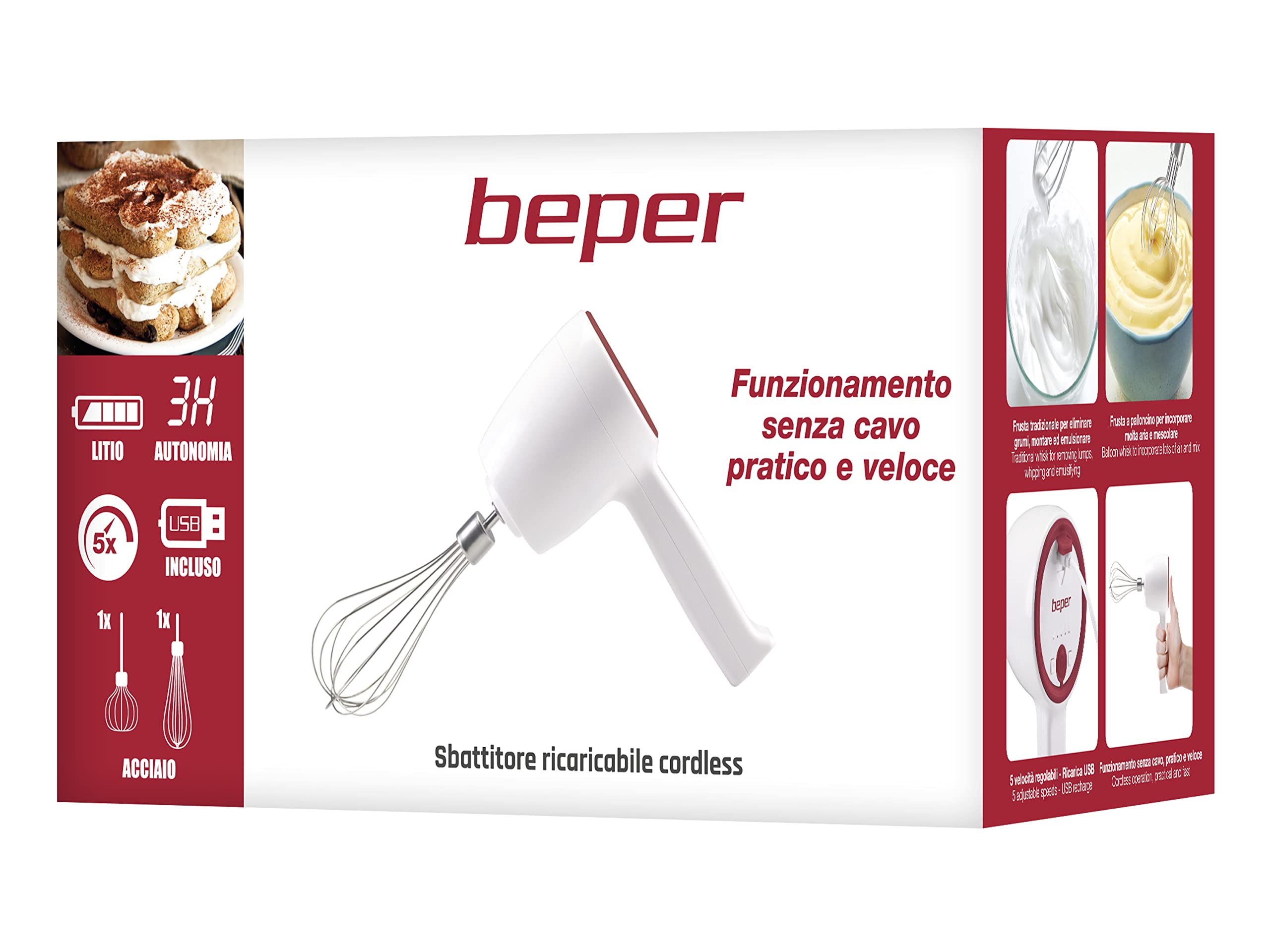 BEPER P102SBA007 Sbattitore ricaricabile senza filo, Impastatore ricaricabile, 20W, 2 Fruste in Acciaio inossidabile, 5 Velocità, Unico Tasto Funzionamento, Cavo USB incluso, Rosso/Bianco