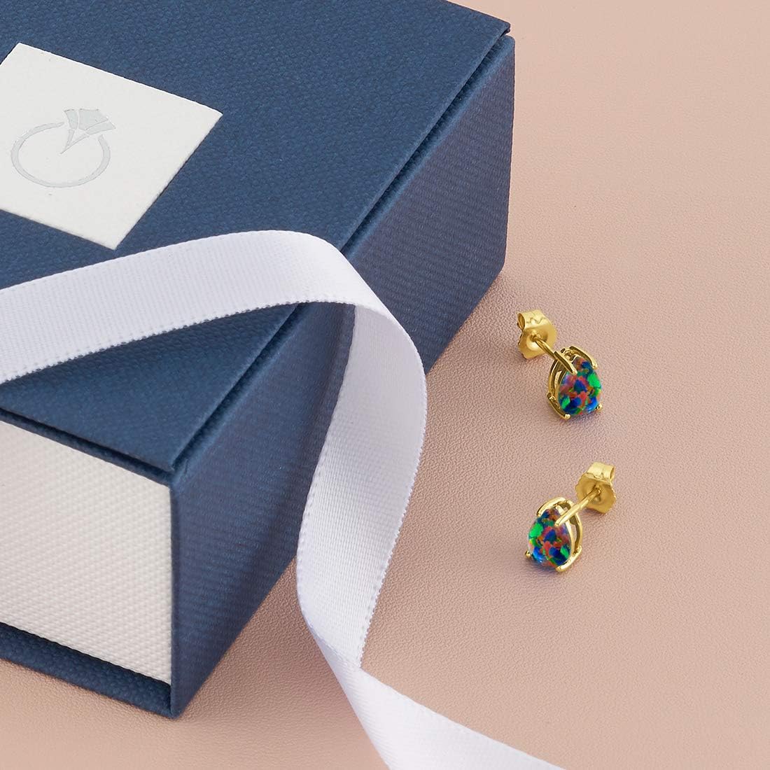 Peora 14K Yellow Gold Created Black Fire Opal Earrings for Women, Hypoallergenic Solitaire Studs, 7x5mm Pear Shape, 1 Carat total, October Birthstone, Friction Back, Dainty, Iridescent Earrings,