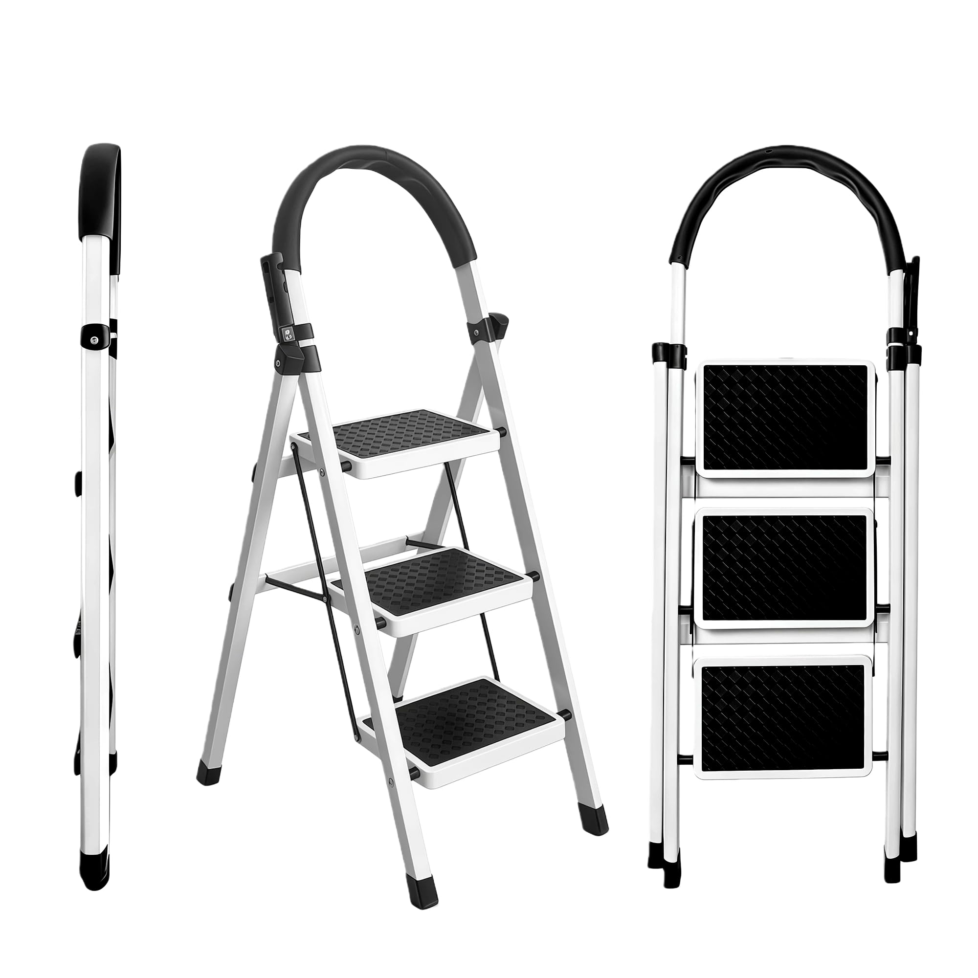 Folding Ladder with Stool, Carbon Steel Ladder 3/4/5/6 Steps, Hand Ladder, Ladder with Handrail, Stool with Load Capacity up to 125 kg (3 Levels)