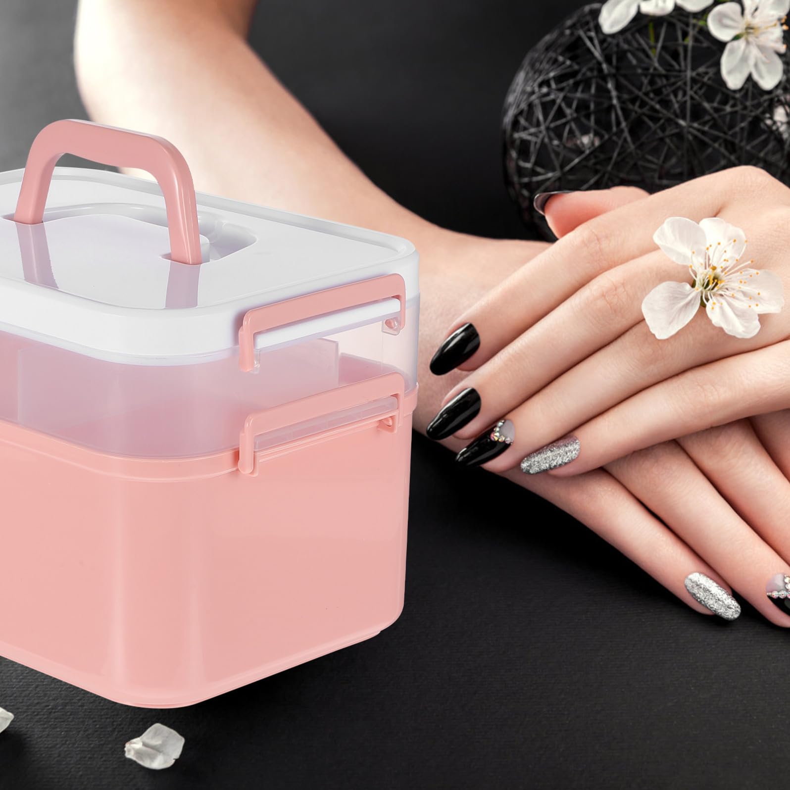 Healeved Scatola Organizer per Smalti e Accessori per Unghie, Cassetta Portatile a 2 Livelli in Pp Rosa per Casa e Uscite