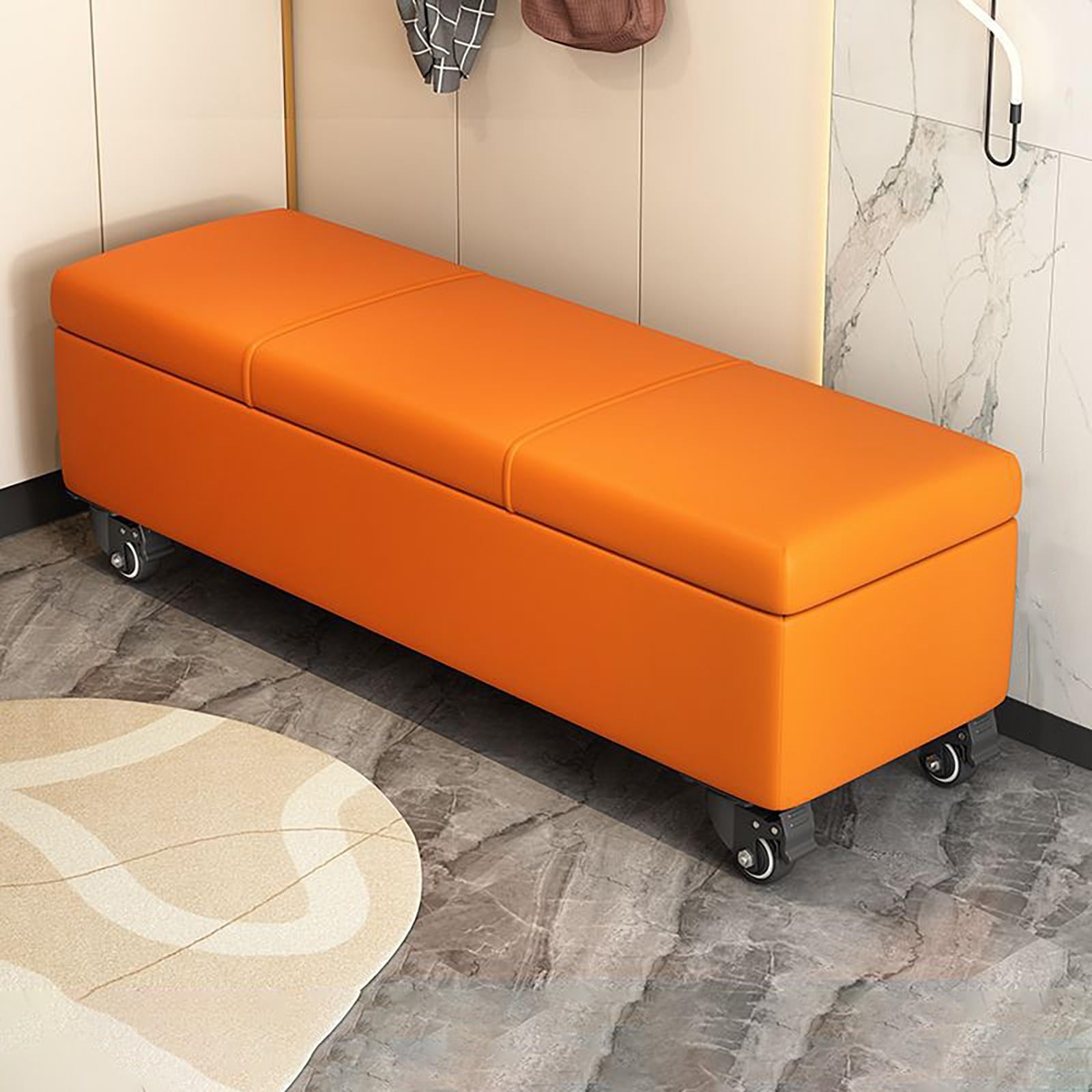 Banc à chaussures en cuir orange 70x40x45 cm avec assise rembourrée et roulettes pour l'entrée
