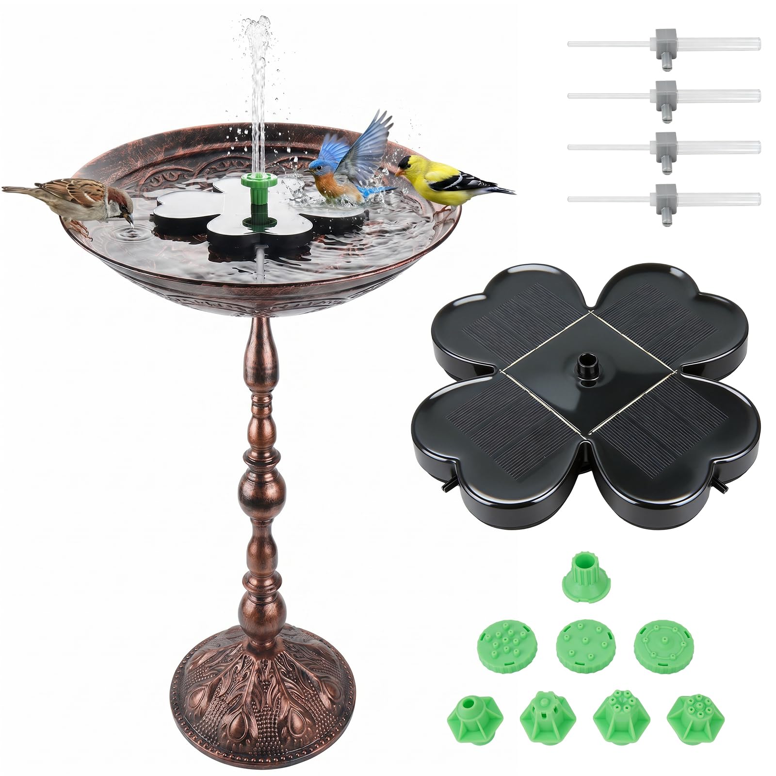 Vogelbad mit Solarbrunnen Outdoor Polyresin, 33 cm Schale 67 cm Höhe, Bronze Antik Kleeblatt Solarpanel, 7 Düsen 4 Stabilisierungsstangen, Garten Wildvögel Terrasse Rasen, sonnenbetrieben