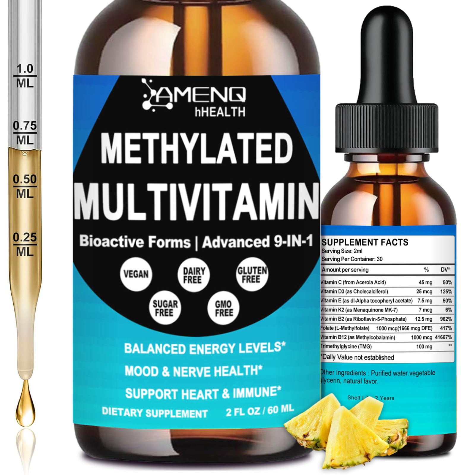 Multivitamínico metilado para hombres, mujeres y niños. Complejo B metilado avanzado 8 en 1 con vitamina C, D, B12, folato y TMG para una mayor energía cerebral. Gota líquida diaria de vitamina metilada, 6 veces más potente que una cápsula.