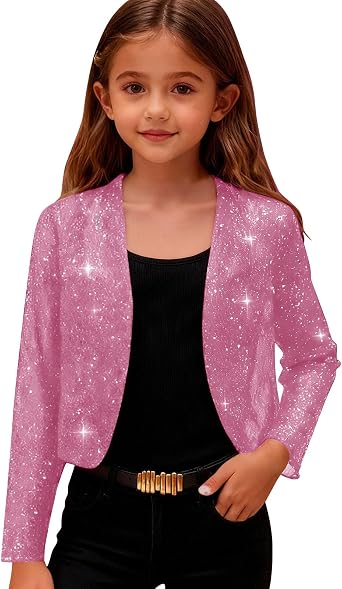 Sequin Jacket for Girls Sparkly Cropped Open Front Long Sleeve Shrug Kids Fall Fashion Party Glitter Blazer Cardigan