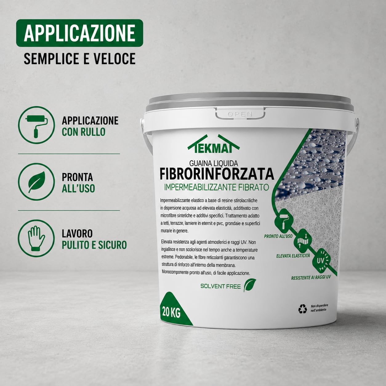 Guaina Liquida Impermeabilizzante Fibrorinforzata TEKMAT 20 kg – Membrana Elastica Calpestabile Resistente UV per Terrazzi, Tetti, Balconi, Lamiere – Monocomponente Pronta all'Uso (20 kg, Grigio)