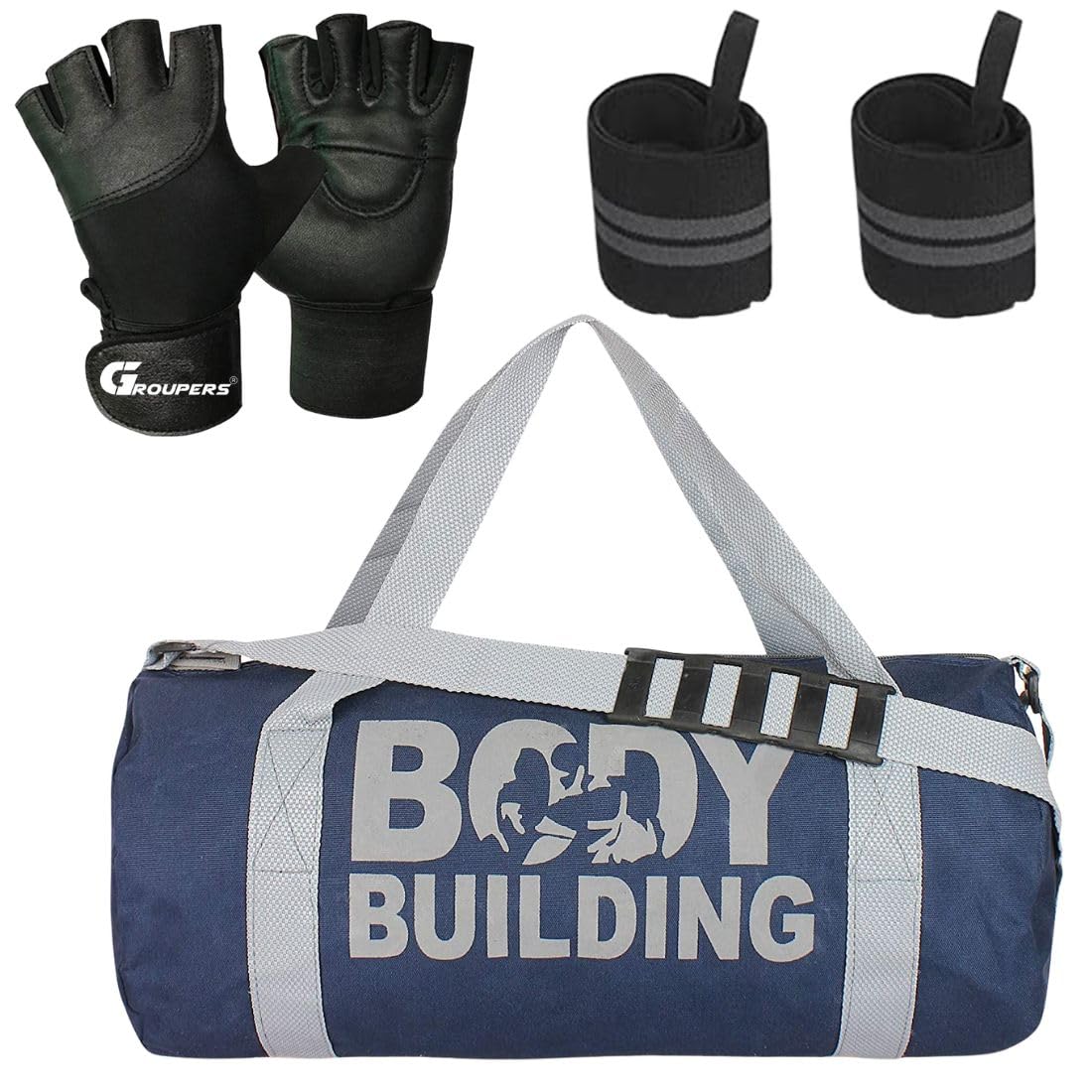 Combo Set of Duffle Canvas Bag with Gloves & Wrist Band Support BagslSports & Travel Bag (Blue)-image-11