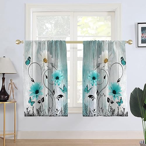Miniatura 16 de AAtter Cortinas florales amarillas para ventana de cocina, diseño abstracto de margaritas blancas botánicas, pequeñas y cortas, para el hogar, sala