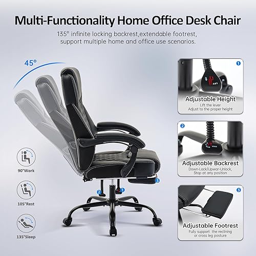 Miniatura 6 de Silla de oficina, silla de oficina grande y alta con reposapiés, silla ergonómica para escritorio en casa, sillas reclinables de cuero con respaldo