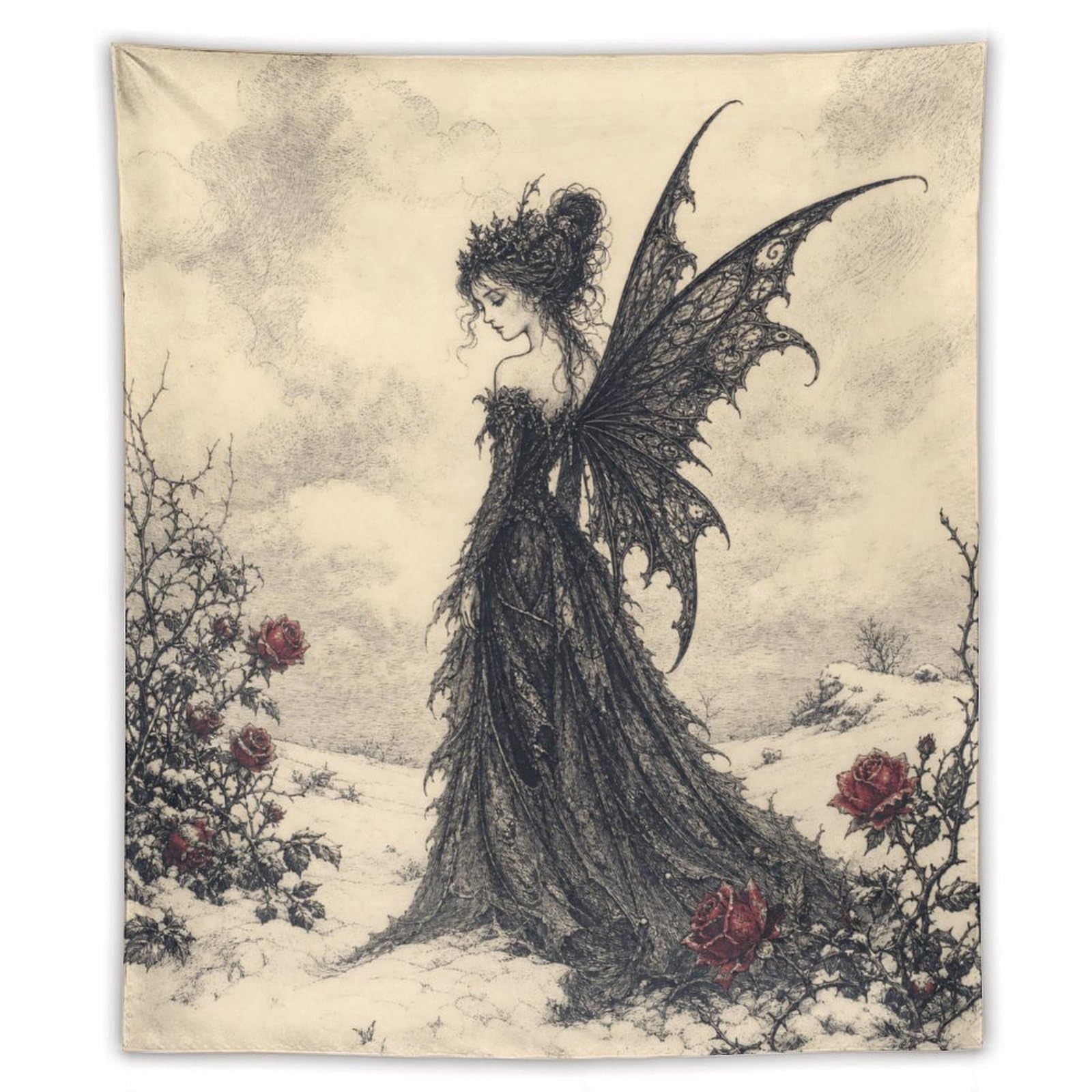 W7C8U2X3 Dark Fairy with Roses Wall Tapestry, Fantasy Illustration, Bed