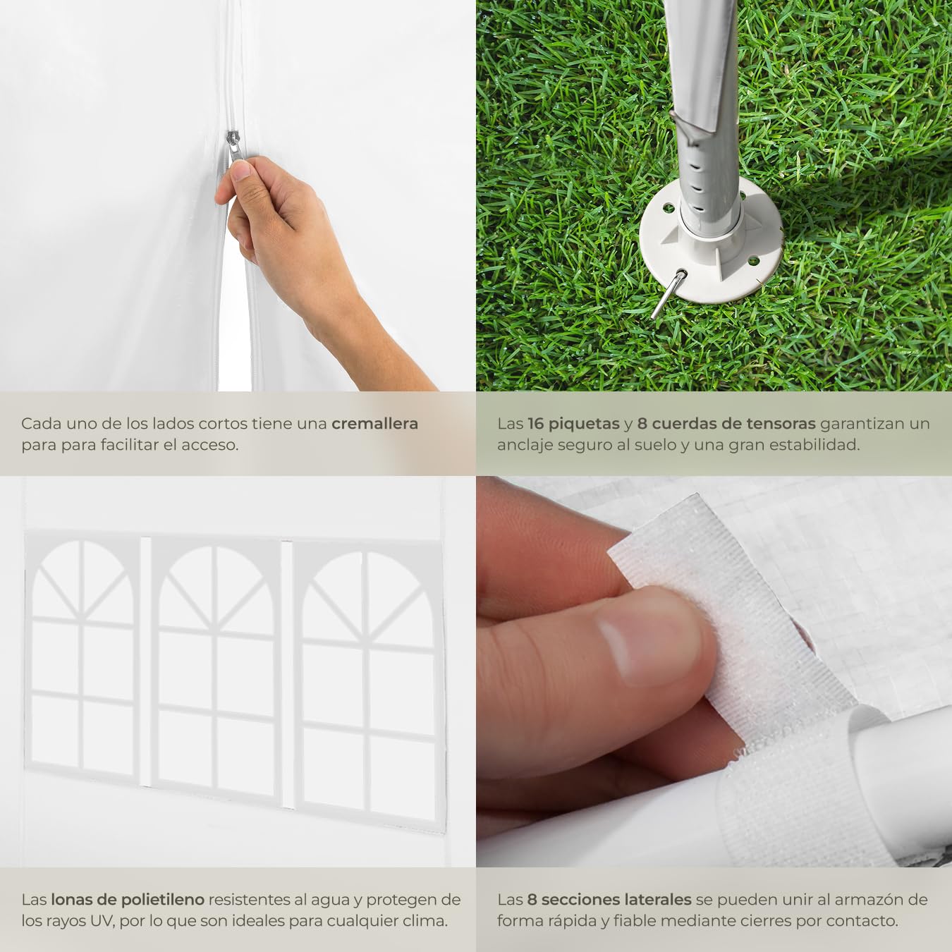 tectake® Carpa Desmontable, con 8 Paneles Laterales Desmontables, Protección a la Intemperie, Cenadores para Jardin, Playa, Cuerdas Tensoras y Piquetas, Carpas para Exteriores - 9x3 m Blanco
