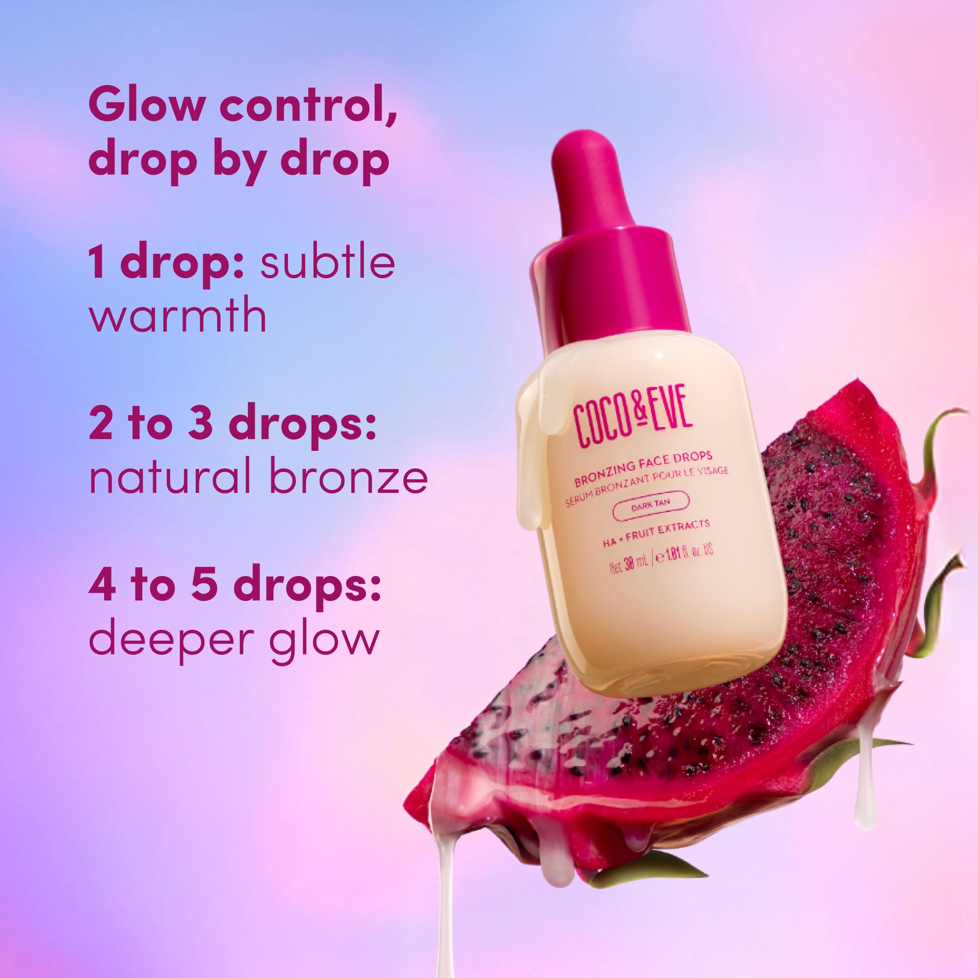 Coco & Eve Sunny Honey - Bronceador facial en gotas - Hidratante con ácido hialurónico - Sérum de bronceado gradual y natural - Para estar moreno sin exponerse al sol - 30ml (Oscuro)