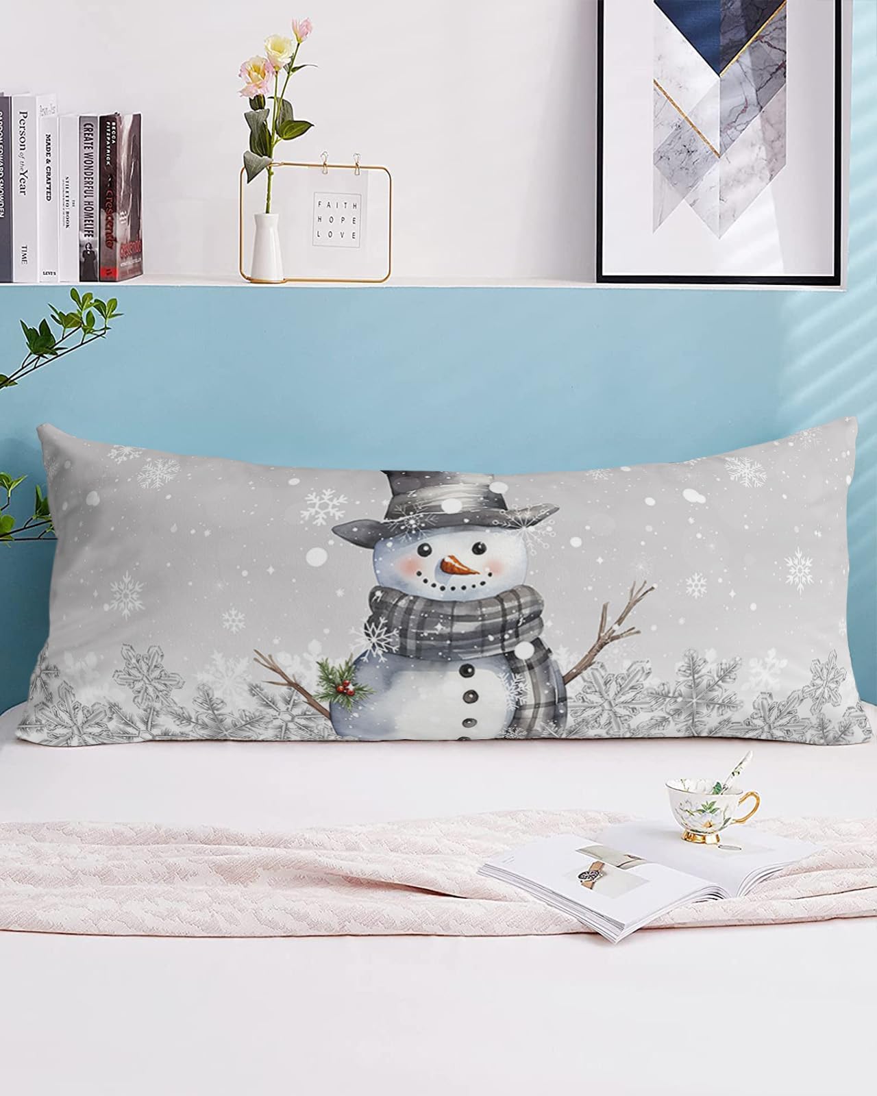 Grey Snowman Christmas Body Pillow Case Cover, Xmas Berry Botanical Microfiber Bed Throw Pillow Covers, Winter Snowflake Decorative Lumbar Pillow
