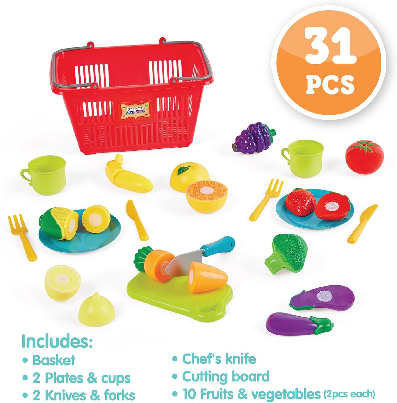 Kidoozie Just Imagine Slice 'N Play Shopping Set, 31 Piece Shopping Basket Set Including Fruits & Vegetable for Pretend Play. for Children Ages 2+
