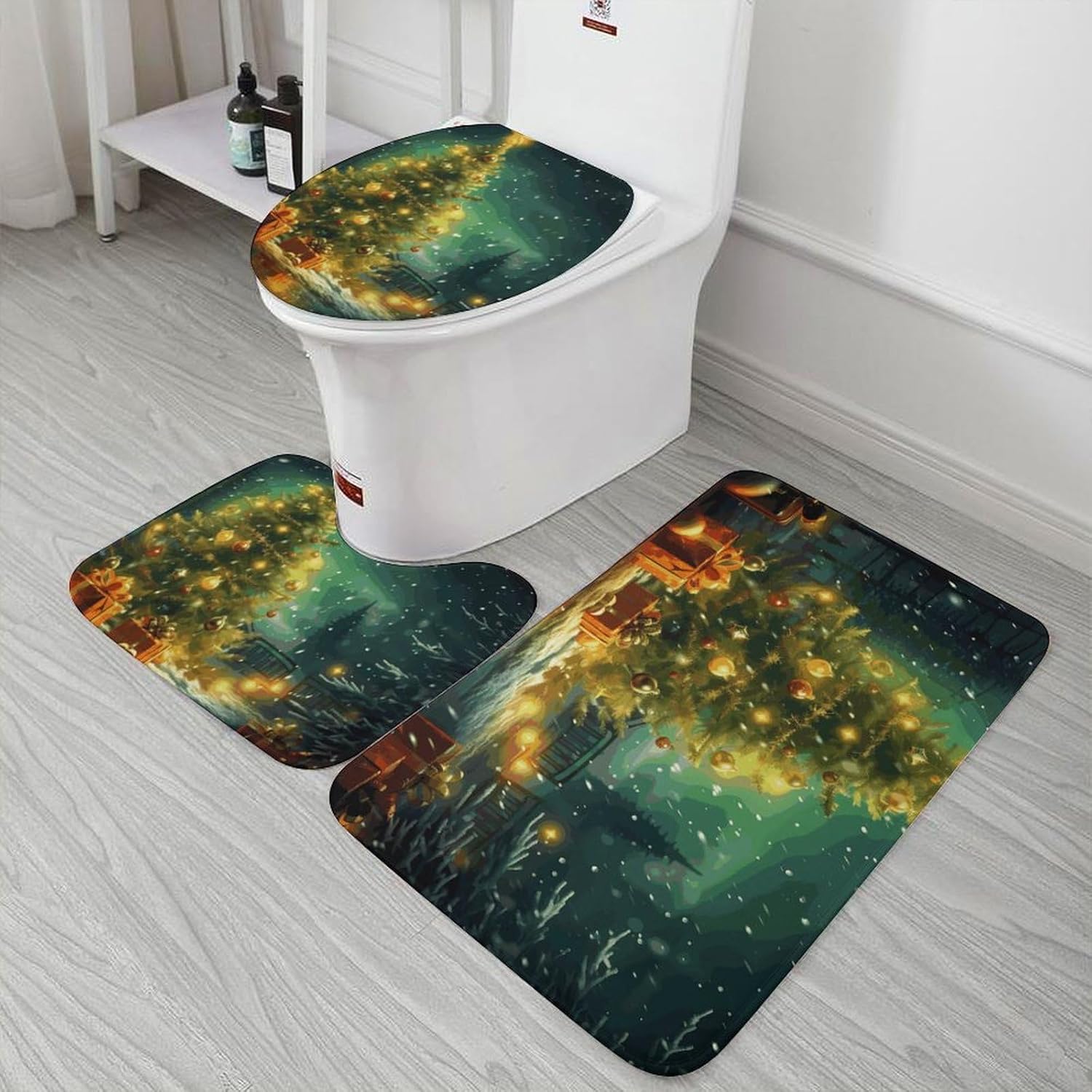 Anti-Skid Floor Mats 3 Piece Set,Christmas Trees Printed Coral Fleece Bathroom Mats U-Shaped Contour Mat Toilet Seat Cover for Bathroom, Tub, Shower, Kitchen 19.7"x31.5"