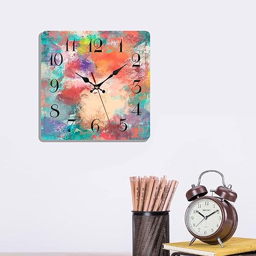 Miniatura 6 de ArtSocket Reloj de pared de madera, silencioso, sin tictac, rojo, azul, morado, verde azulado, mixto, representación, abstracto, cuadrado, rústico,