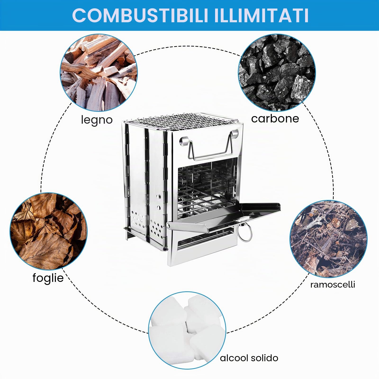 WADEO Stufa a Legna Portatile da Campeggio, Con Sega a Corda e Borsa Portaoggetti, Pieghevole in Acciaio Inox, Piccola Stufa a Legna per Escursioni, Barbecue, Grill, Zaino in Spalla, Viaggi, Picnic
