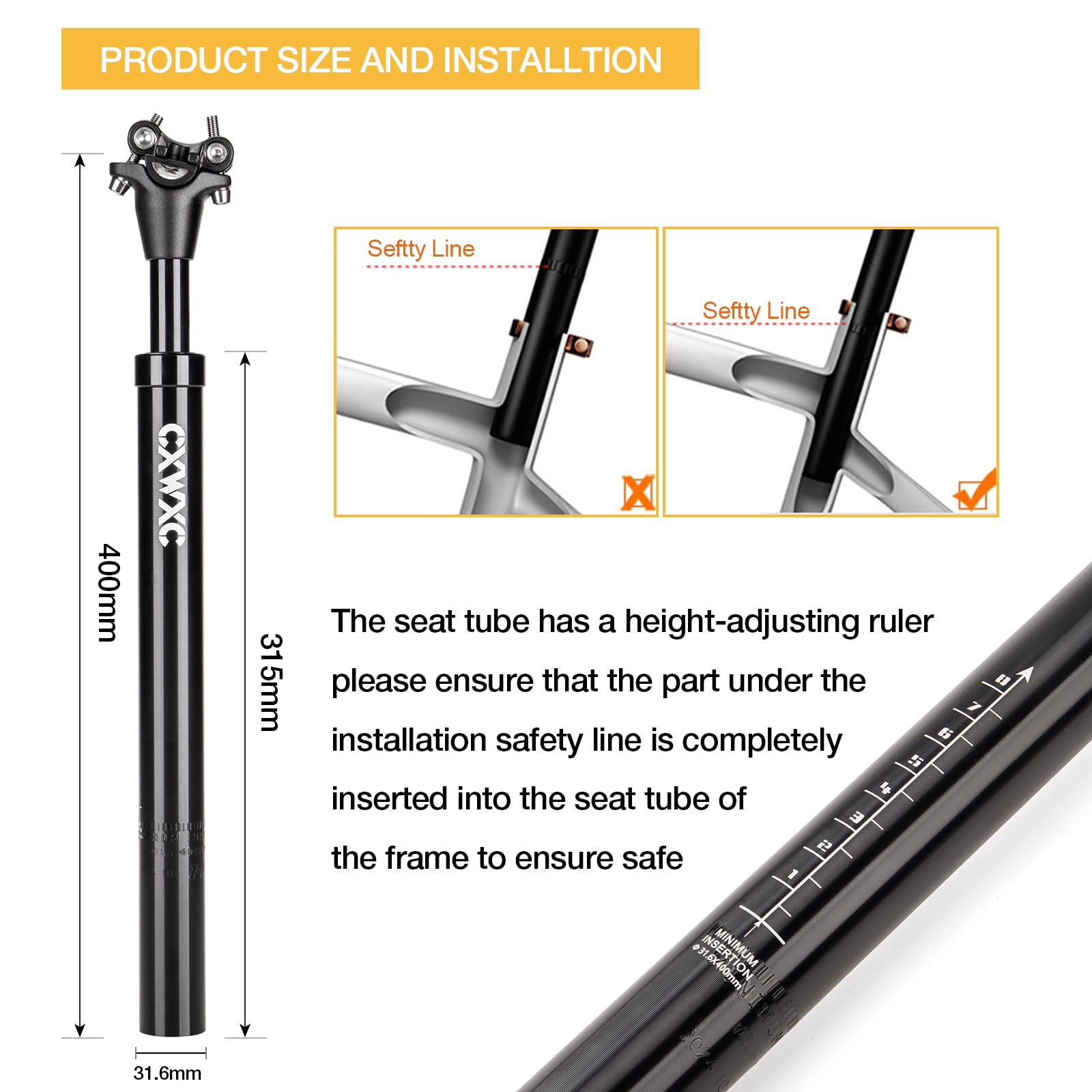 CXWXC Tige de selle de vélo 27,2 30,9 31,6 mm x 400 mm – Amortisseur de chocs – Ressort hélicoïdal réglable confortable pour Touring et Bikepacking