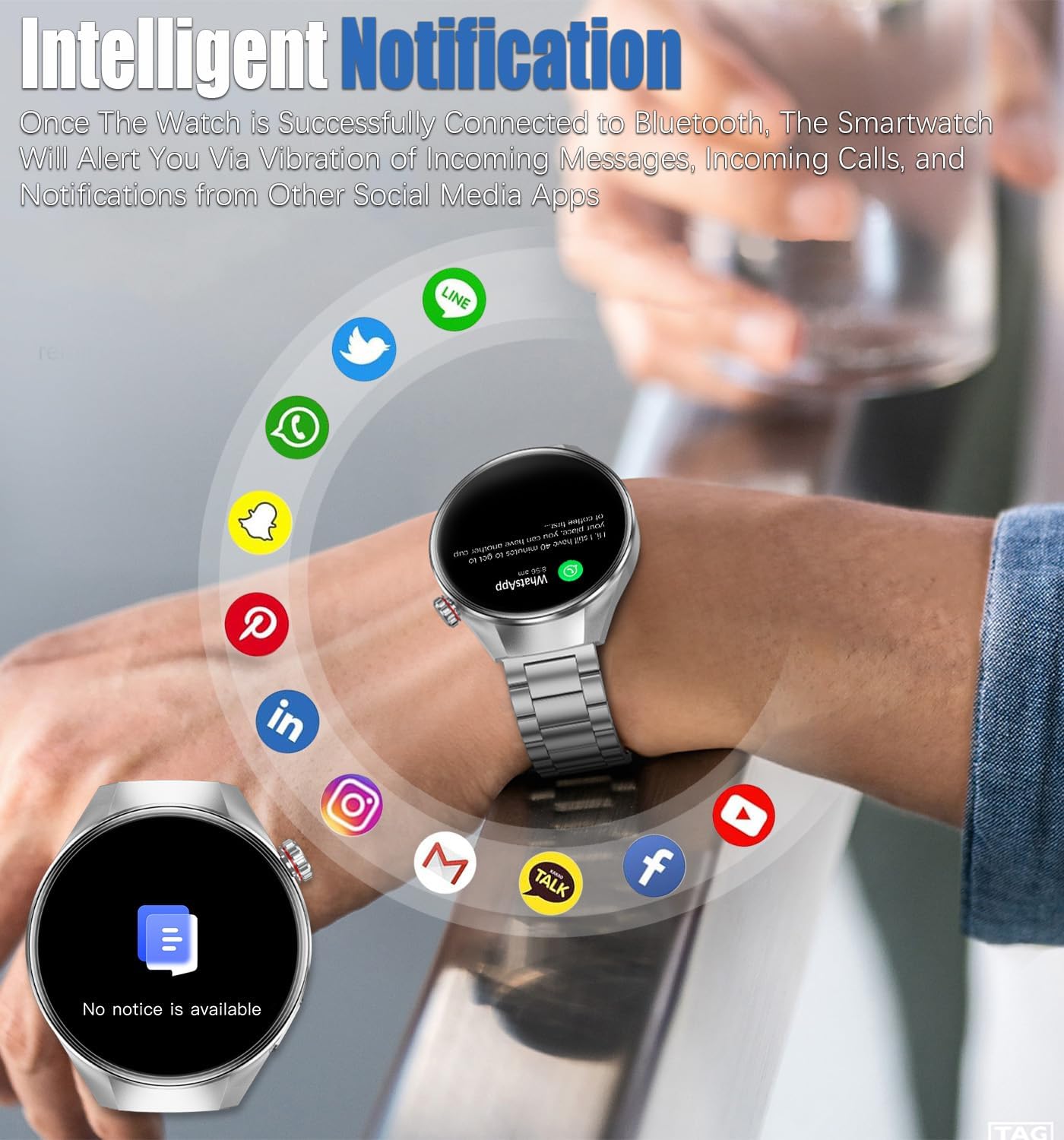 The KALPADIVES RT-G5Plus Smartwatch displaying a notification, surrounded by icons of various social media and messaging applications.