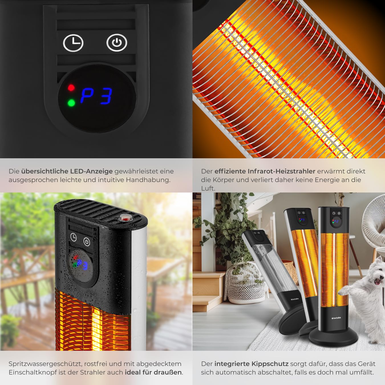 tectake® infrarot Heizstrahler mit Kippschutz und Timer für Innen und Outdoor, Heizlüfter elektrisch für Bad, Infrarotheizung Terrasse, elektro Wärmestrahler Camping, Infrarotstrahler, 1500W