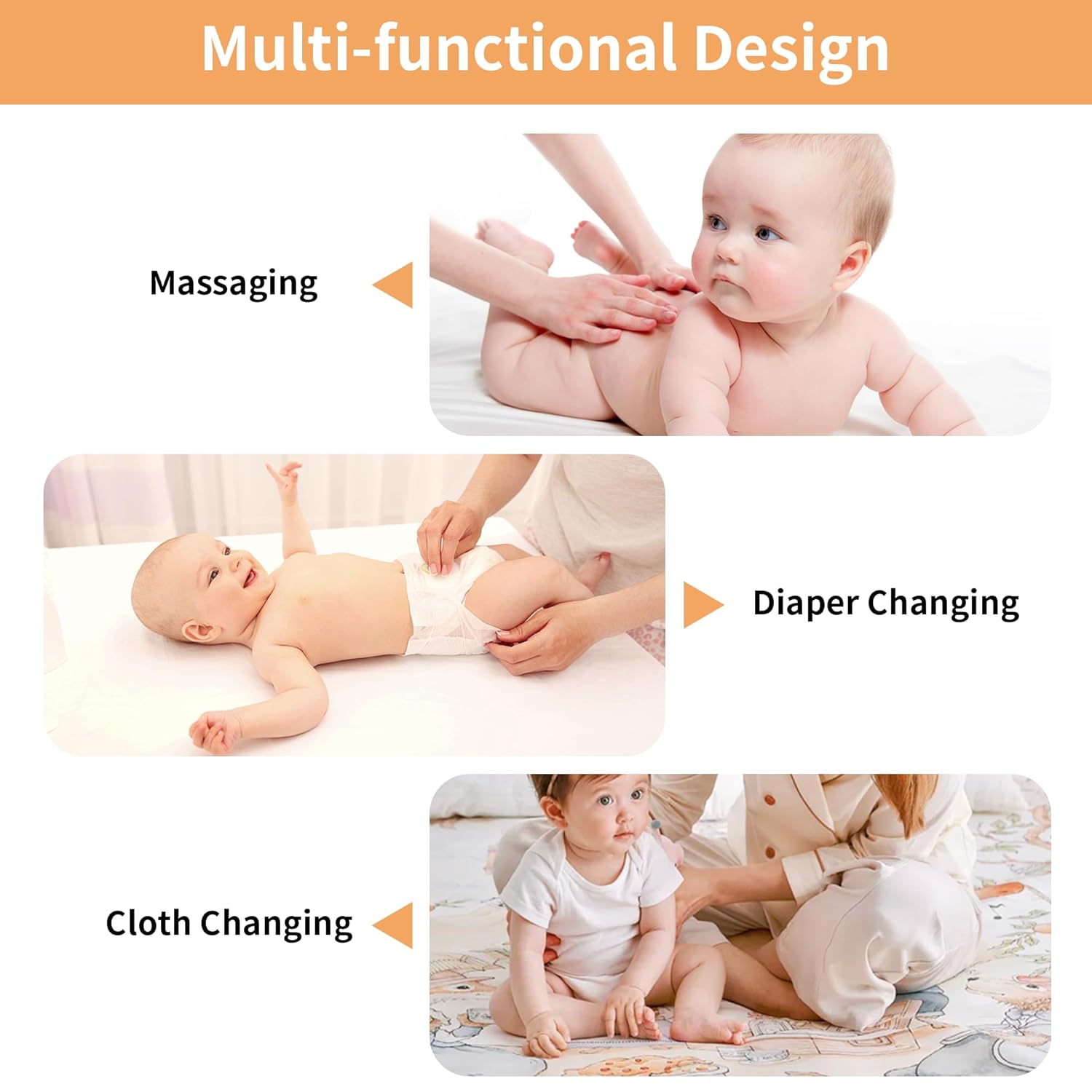 Illustrations of the dresser's multi-functional design for massaging, diaper changing, and cloth changing