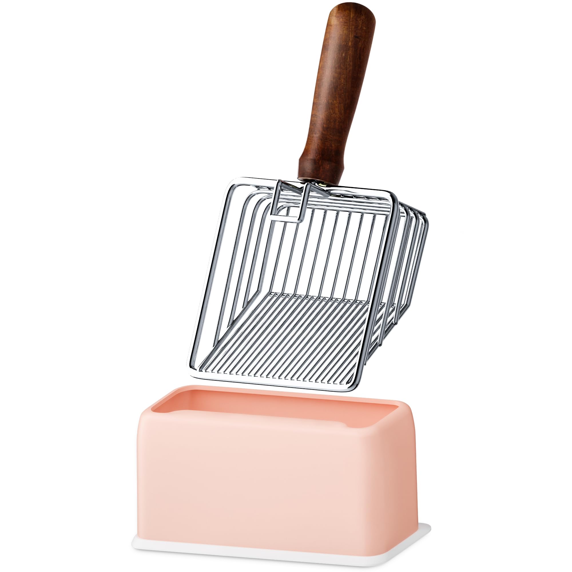 Cat Litter Scoop with Holder, Metal Cat Litter Scooper, Stainless Steel Heavy Duty Deep Shovel, Fast Fine Scoop Away Cat Litter - Silver with Rose Holder
