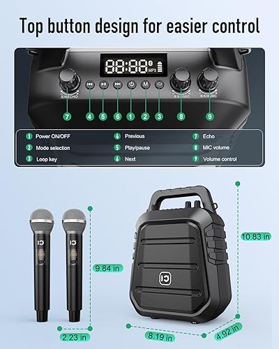 Miniatura 7 de SHIDU Amplificador de voz potente de 80 W con 2 micrófonos inalámbricos, altavoz portátil con micrófono, sistema PA con efectos de sonido, máquina
