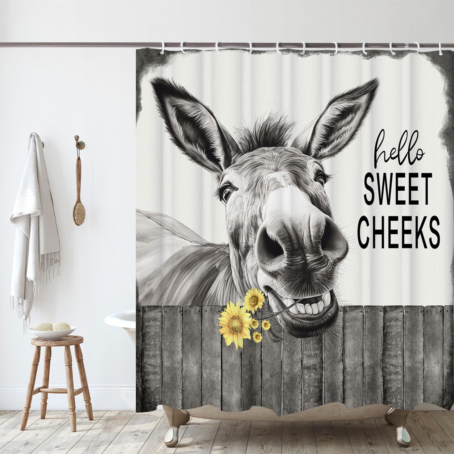 LKFBSC Funny Donkey Shower Curtain, Black and White Farmhouse Farm Animal 60x72 Shower Curtain Set, Gray Hello Sweet Cheeks Rustic Bathroom Decor