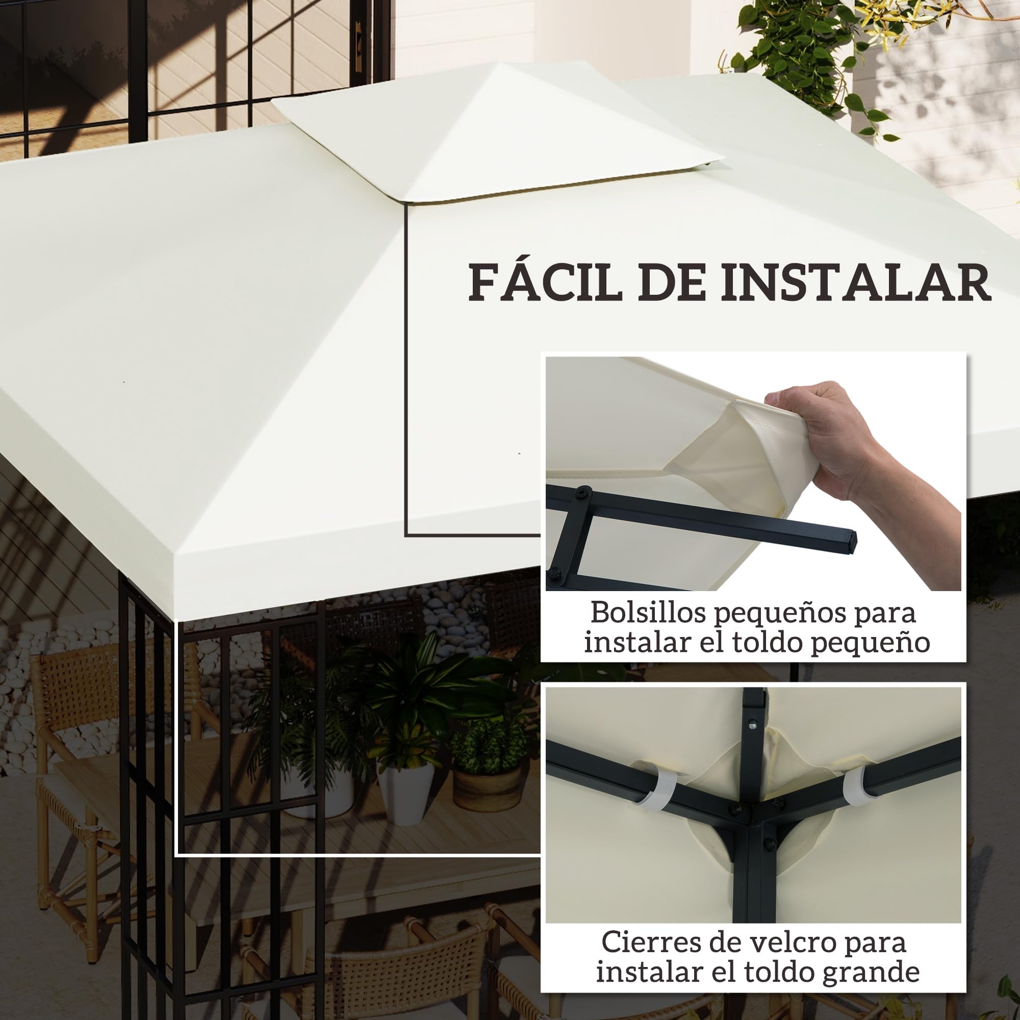 Outsunny Techo de Repuesto para Cenador, 3x3 m, Cubierta de Repuesto con Techo Doble, 8 Orificios de Drenaje y Protección UV, Solo Toldo de Recambio para Pabellón Gazebo, Crema