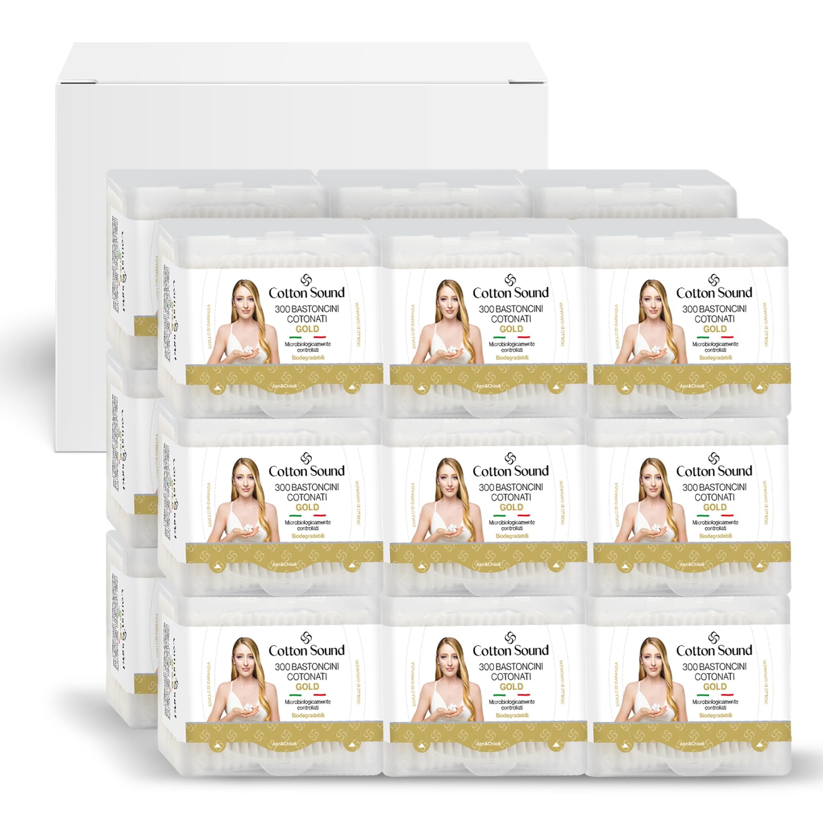 COTTON SOUND GOLD Bastoncini Cotonati 18 confezioni x 300 Pezzi, Scatola Apri e Chiudi, Bastoncini Cotonati in Carta Biodegradabile, 100% Puro Cotone Idrofilo, Ideali Pelli Sensibili, Made in Italy