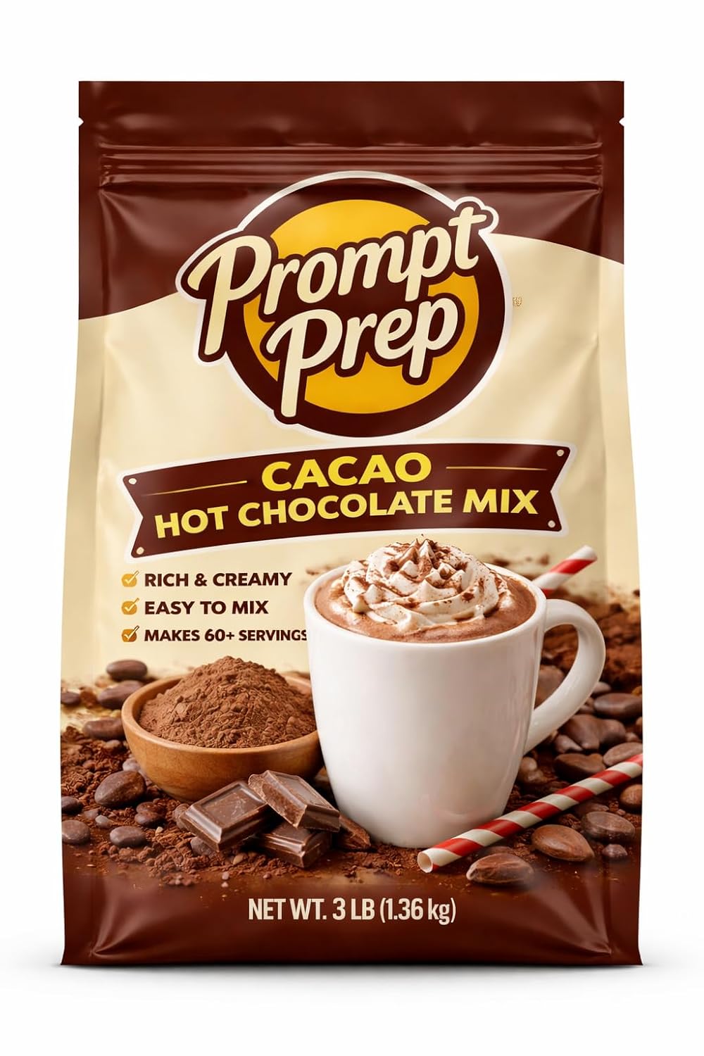 Prompt Prep S'mores Hot Chocolate Mix 3 lb Bulk Bag | Rich Chocolate Flavor with Marshmallow & Graham Cracker Notes | Cozy Hot Cocoa Powder for Winter Drinks & Desserts (Packaging may Vary)