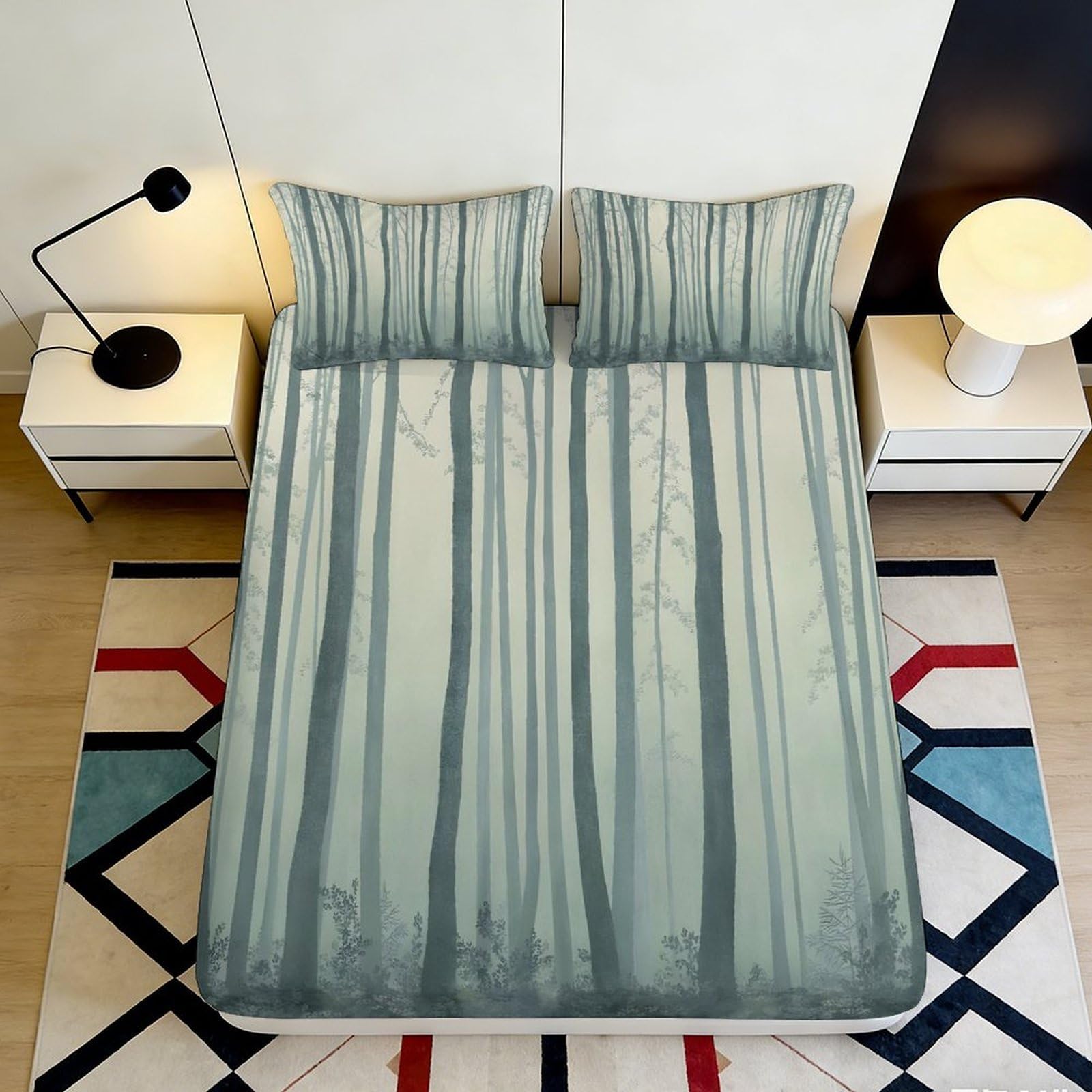 3D Printed Forest Design Fitted Sheet Microfiber Deep Pocket Elastic Hem Forest Mattress Fitted Cover Breathable for Home 90x200x25cm