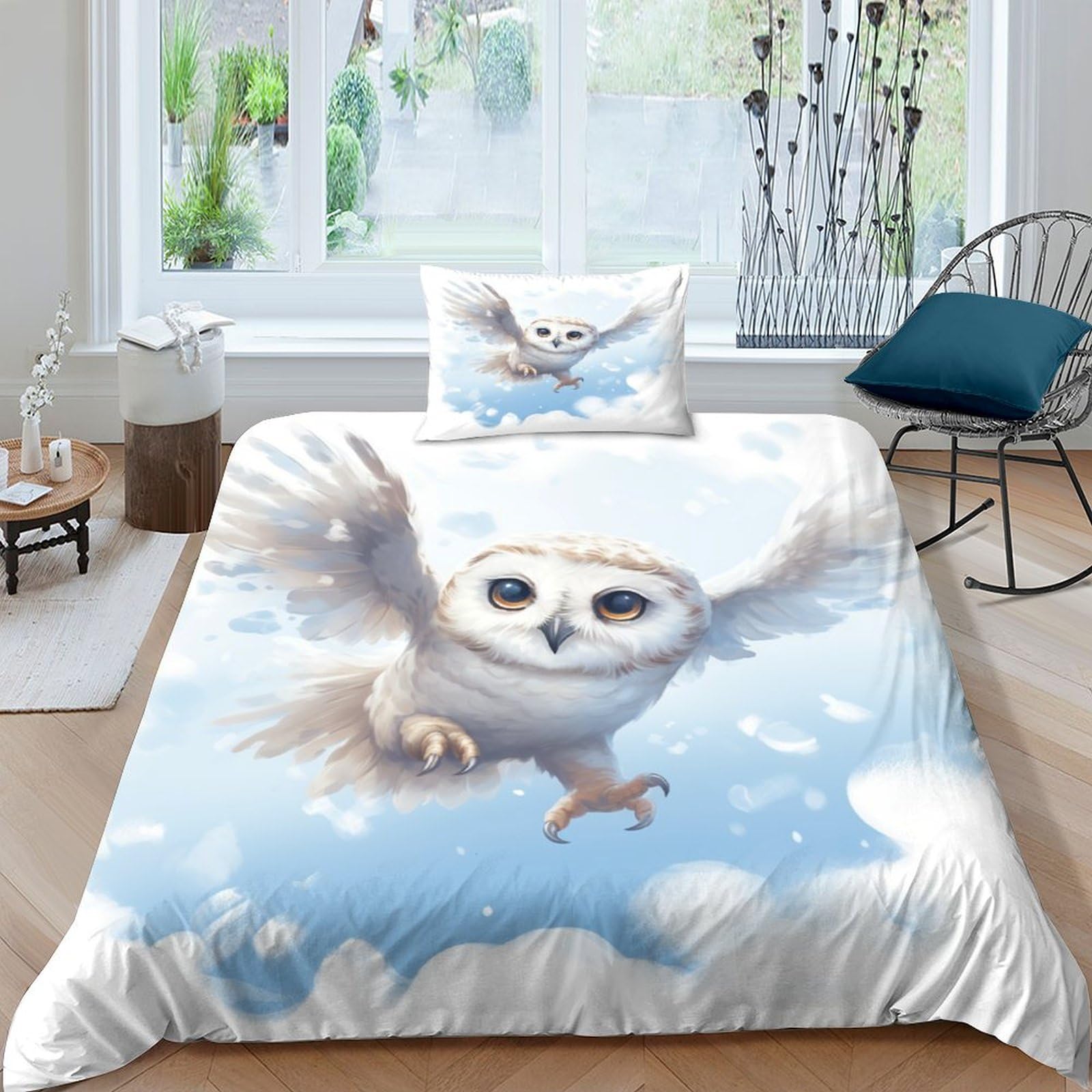 Housse de couette hibou 135x200 cm facile d'entretien et sans repassage pour lit 1 place
