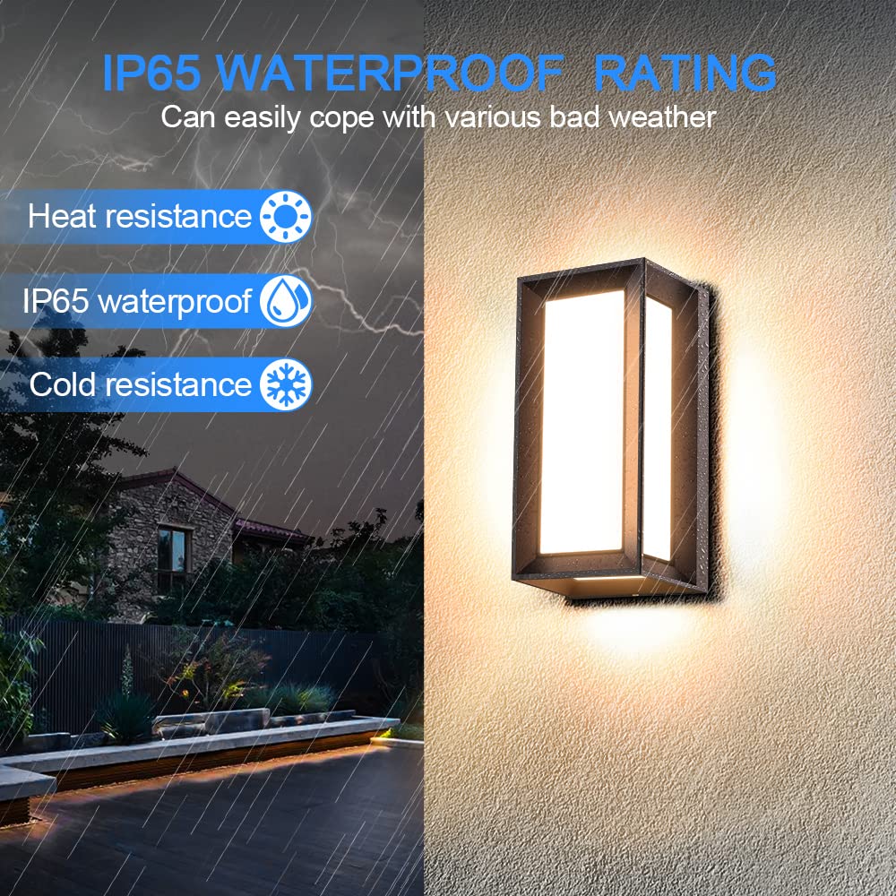 Juyace Modern LED Sconce Wall Light 3000K, 18W 1800Lm Matte Black Porch & Patio Lights, Aluminum Exterior Light Fixtures Wall Mount IP65 Waterproof for Garage Walkway Backyard, Set of 2.