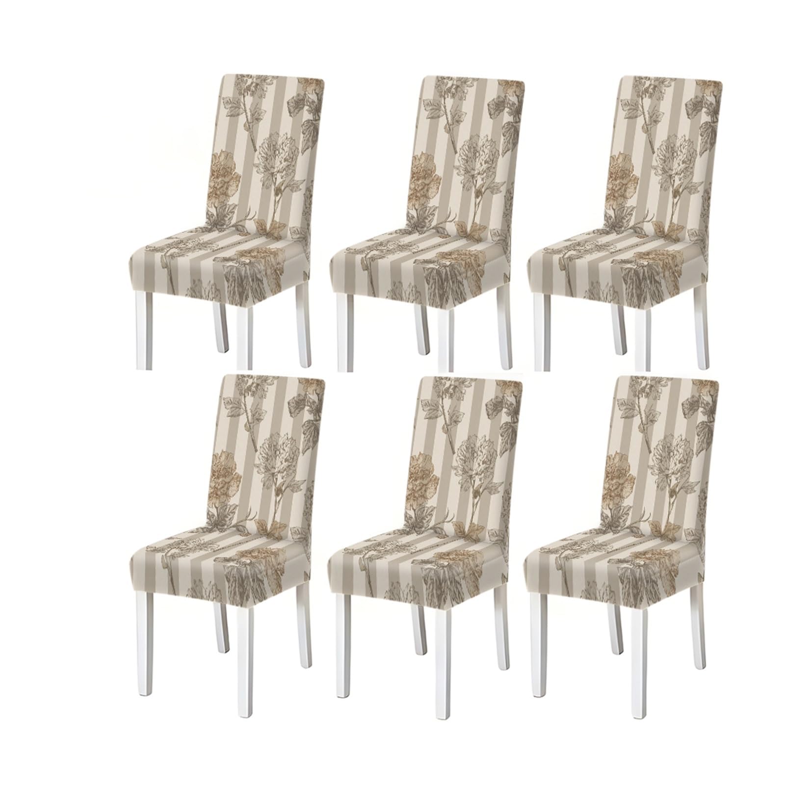 BOSUYBN Beige Stripe Vintage Peony Dining Chair Covers Set Of 2/4/6, Stretch Slipcovers For Kitchen Dining Room Furniture Protectors for Home Dining Room(6PCSChair cover)