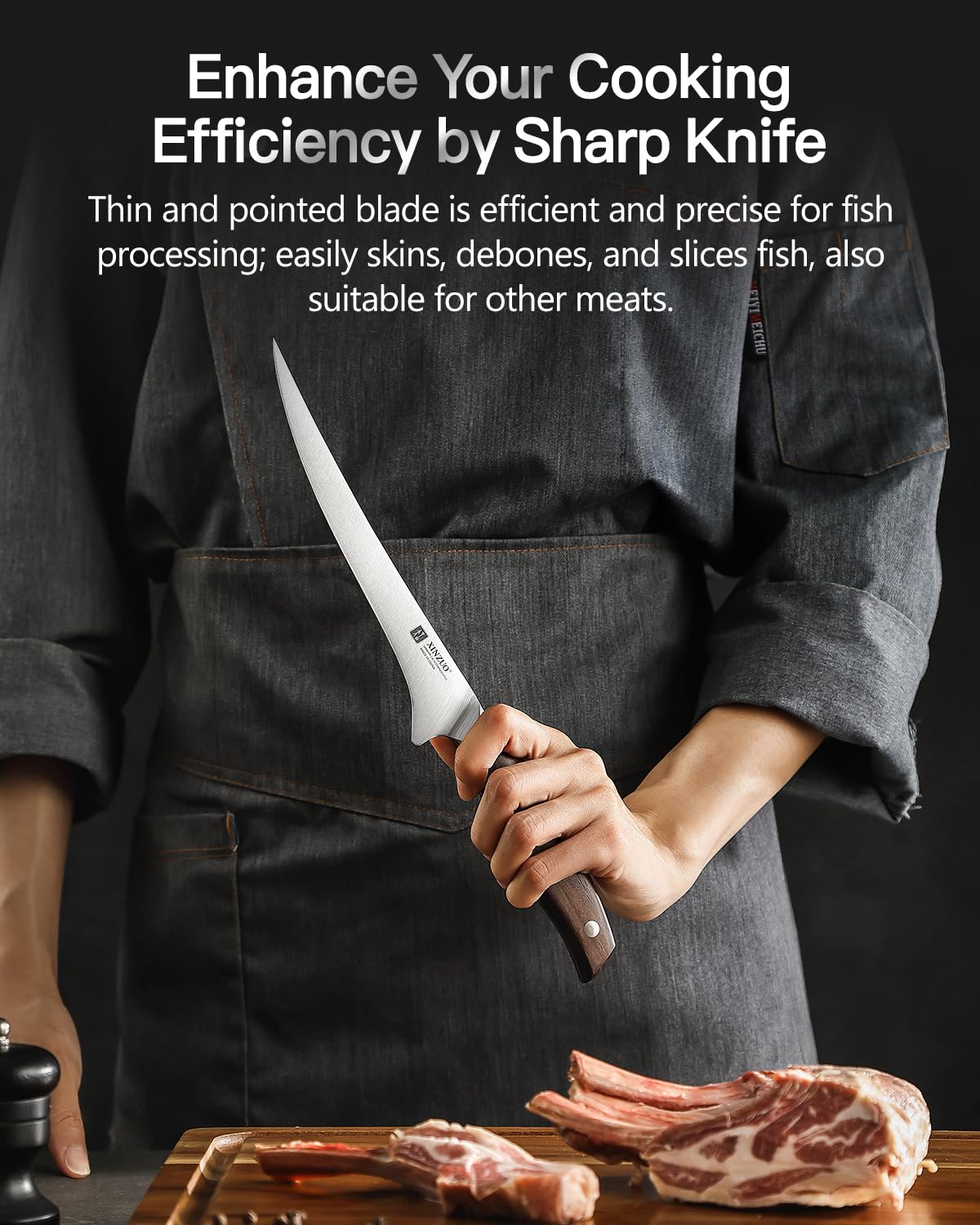 XINZUO 18,1cm Couteau à Filet Acier Inoxydable 1.4116 Allemand, Tranchant Couteau à Désosser à Fileter pour Désosser le Poisson et la Viande, Chef Professionnel -Poignée en Red Sandalwood