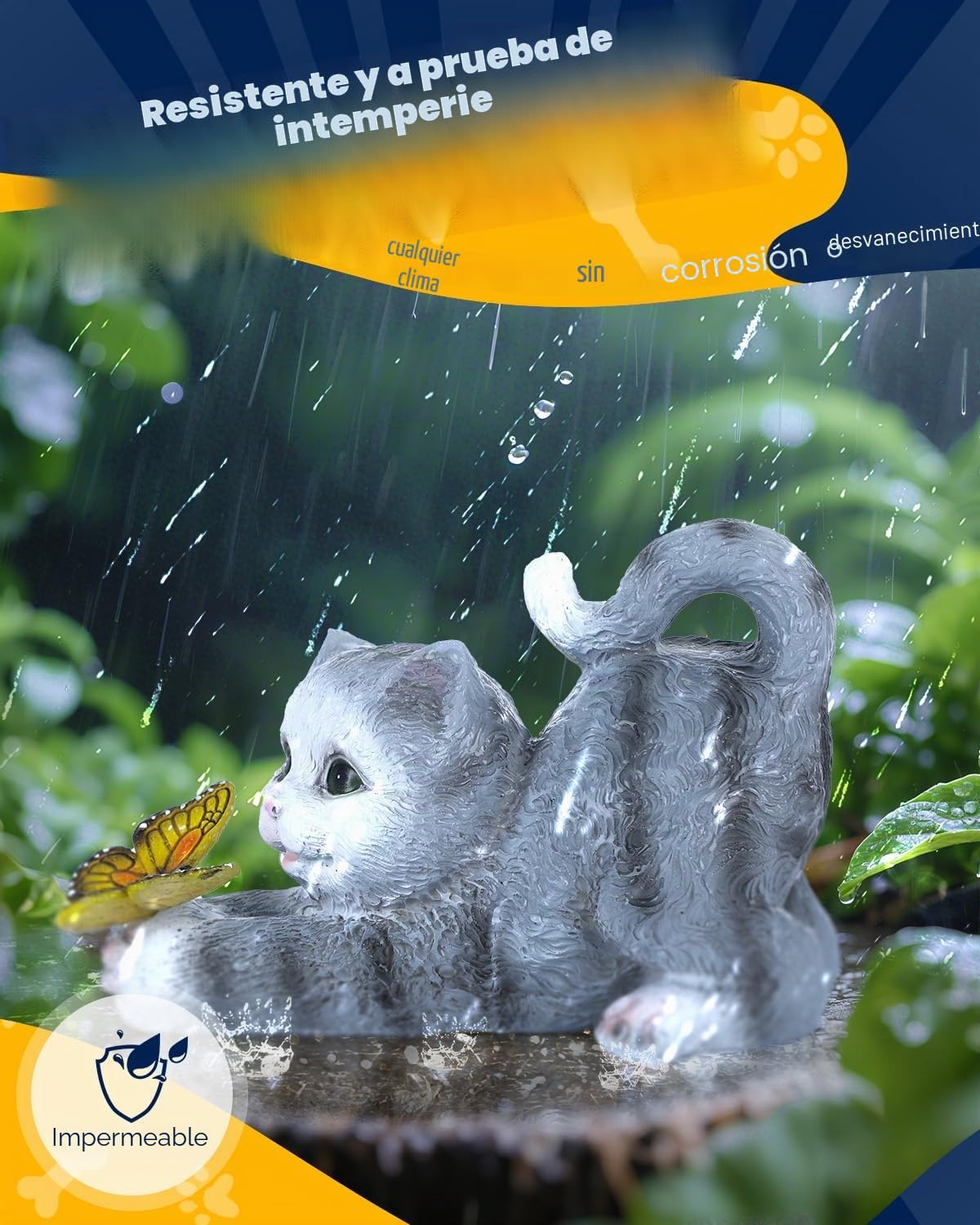 Pawfly Estatuas Solares Jardín, Decoración Solar Exterior, Decoración Gato con Luz Mariposa, Figura Resina Gato, Estatuas Gato Exterior Luces Solares para Jardín, Terraza, Balcón, Porche, Césped y Pat