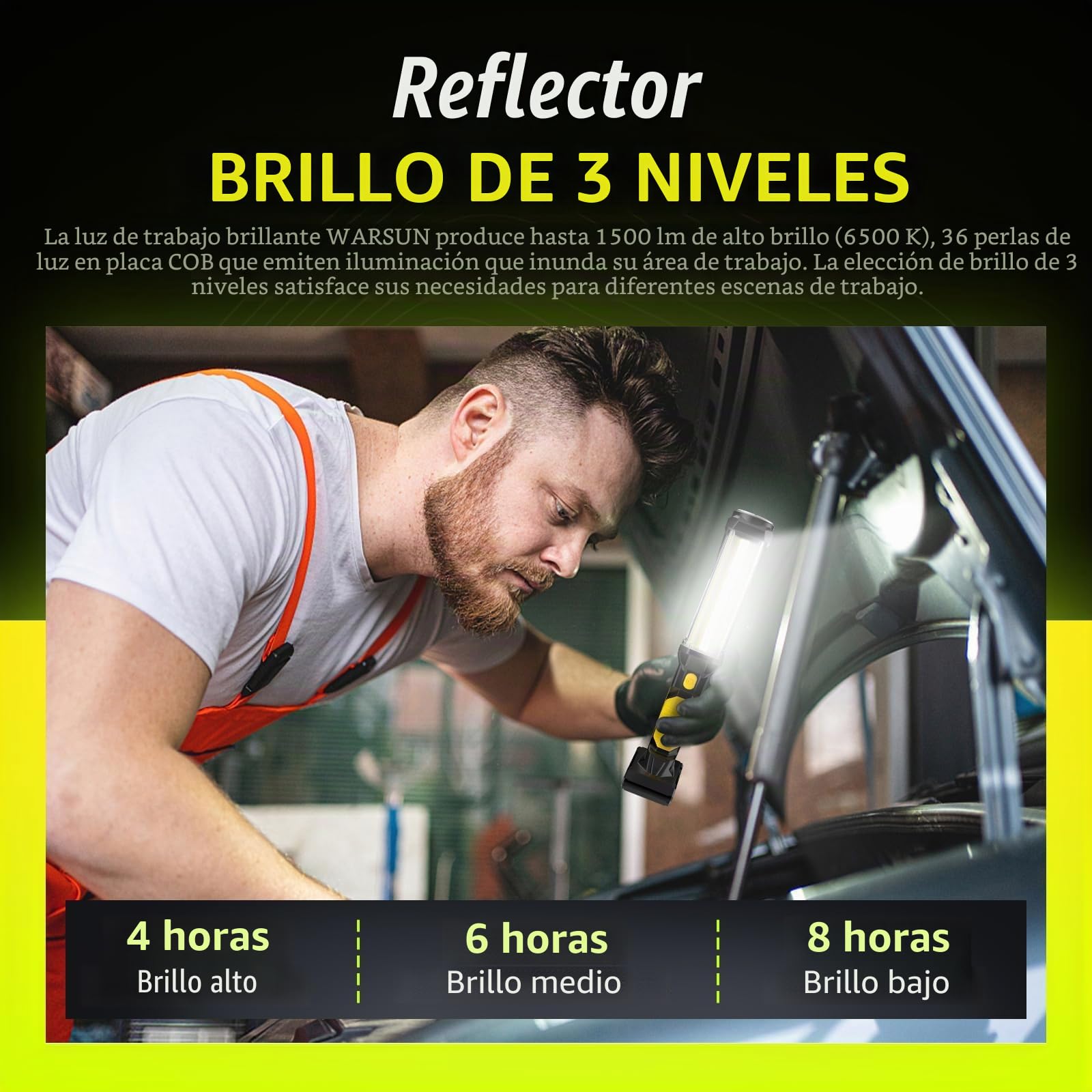 WARSUN Pack de 2 Lámparas de Trabajo LED Recargables 1500LM Alta Potencia, Portátil con COB, Imán y Gancho para Taller, Coche, Camping, Emergencia - Amarillo