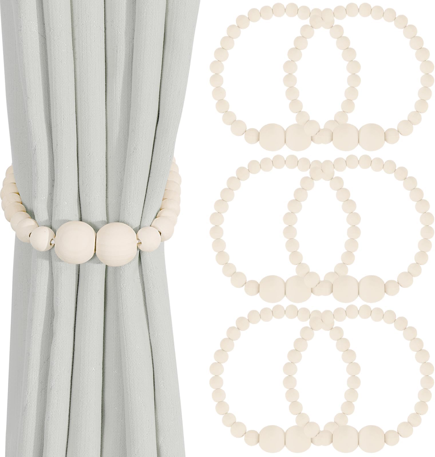 KLOGTSIND Magnetic Curtain Tiebacks, 6 Pack Curtain Holdbacks for Draperies, Wood Bead Curtain Tiebacks, Elegant Curtain Tie Backs for Bedroom Decor, Boho Room Decor, Nursery Decor, Farmhouse Decor