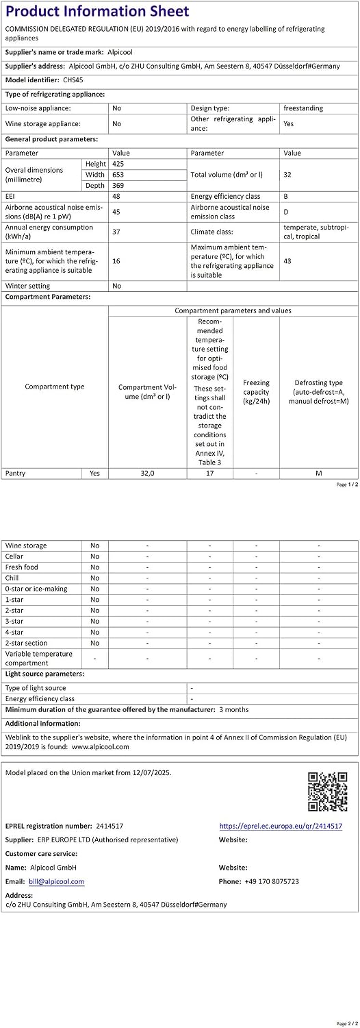 Alpicool CHS45 Product Information Sheet with detailed specifications