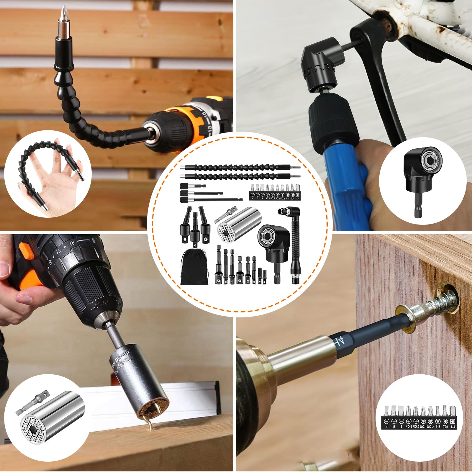 31 Pezzi Prolunga Flessibile per Punte da Trapano, Adattatore per Trapano ad Angolo Retto a 105 Gradi, 1/4" 3/8" 1/2" Adattatore Esagonale, Prolunga Flessibile Drill Bit Holder