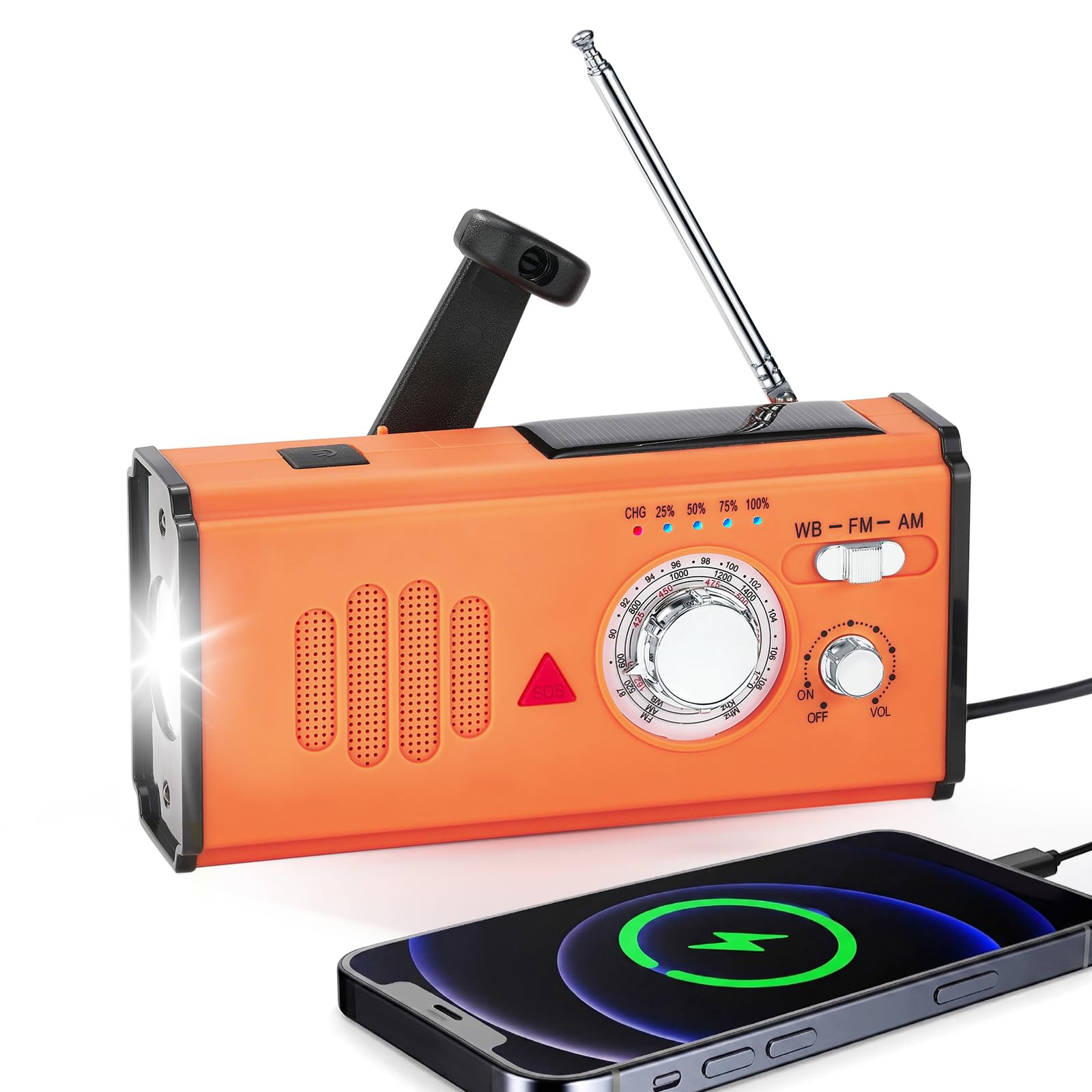 Radio a Manovella di Emergenza con Power Bank 4000mAh, Radio Solare Portatile AM/FM/WB, Torcia LED e Allarme SOS per Campeggio