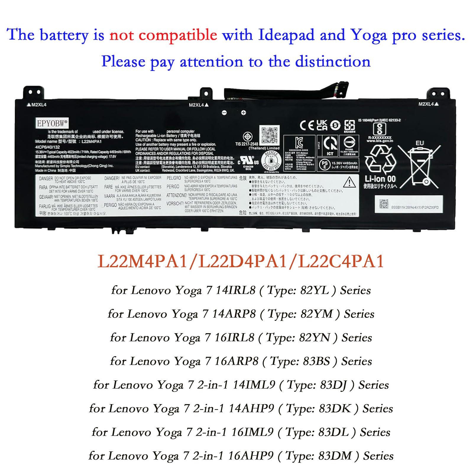 EPYOBW L22M4PA1 Laptop Battery 71Wh 4623mAh 4-Cell 15.36V