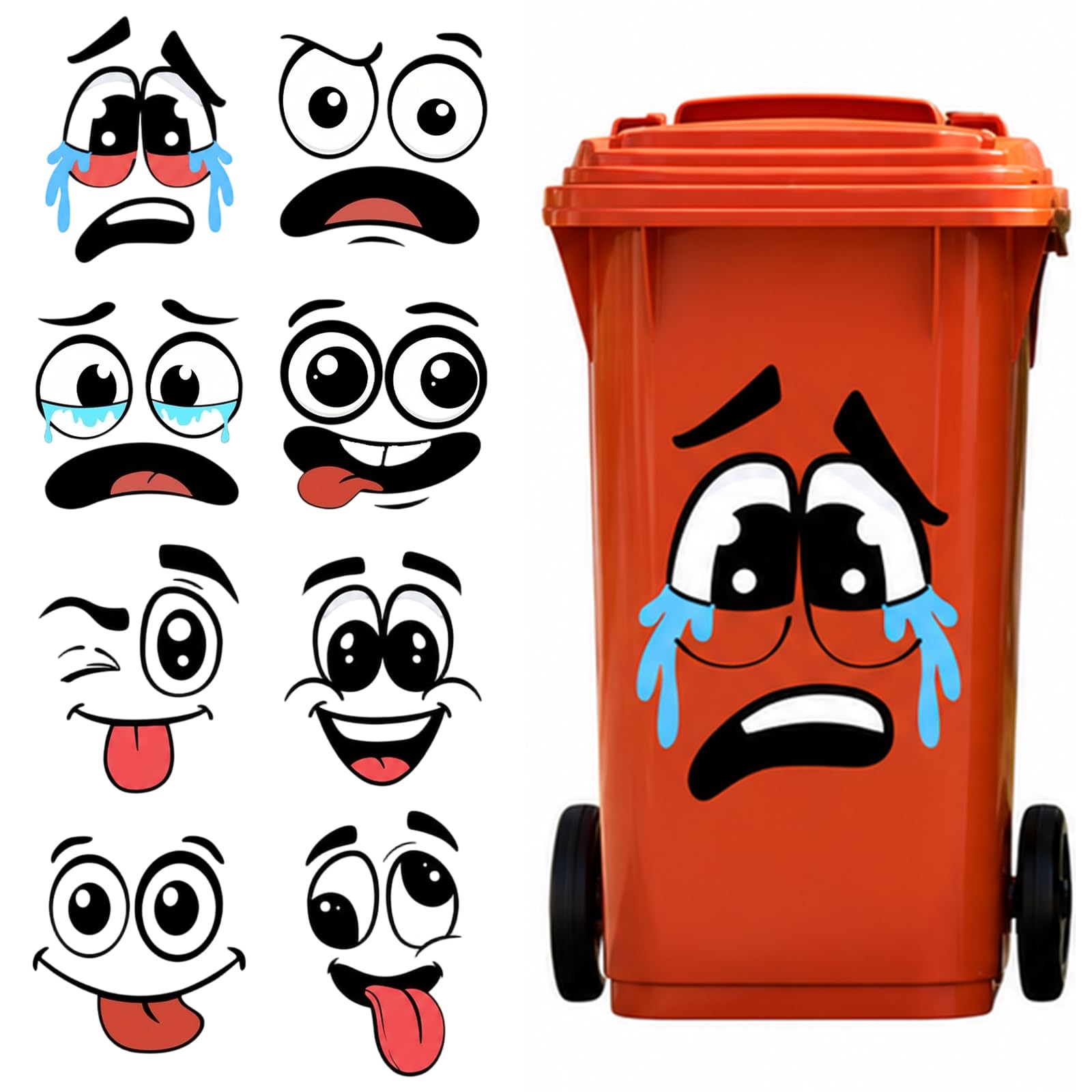 8Pcs Wheelie Bin Stickers with Funny Faces, 2 Size Trash Can Decal Stickers