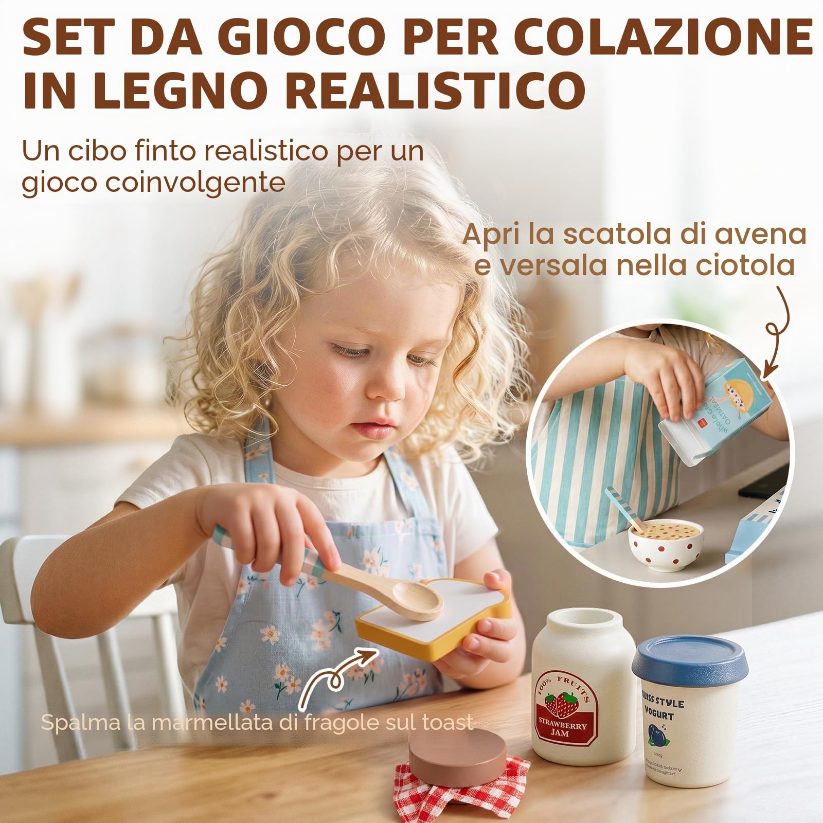 Lehoo Castle Cucina Giocattolo per Bambini, Giocattoli da Colazione in Legno con con Frutta, Posate, Giochi di Ruolo, Regali per Bambine 3 4 5 Anni