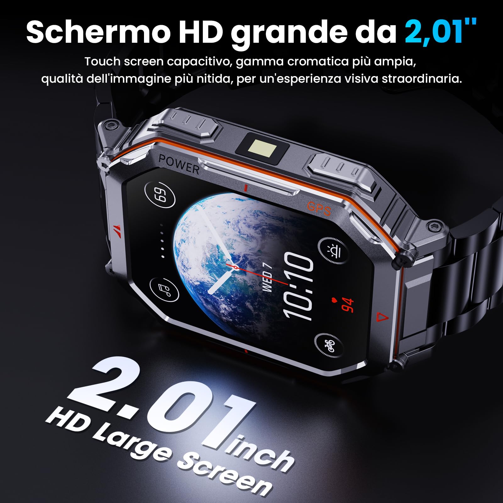 Orologio intelligente militare Cinghia in Acciaio per uomini, con GPS/bussola, assistente vocale GPT, display HD 2.01", chiamate Bluetooth, tracker fitness, compatibile con Android e iOS (Nero)