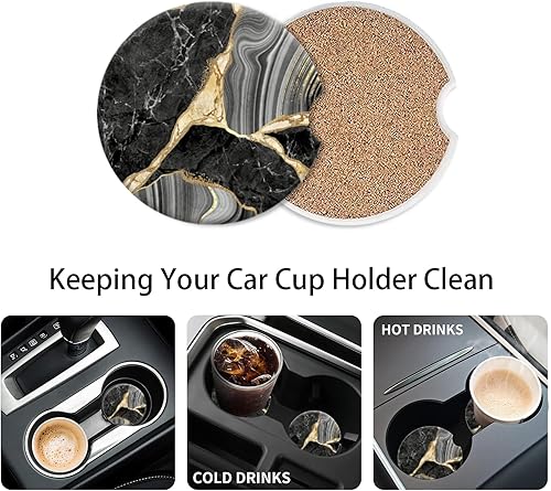 Miniatura 5 de Portavasos para automóvil, posavasos de cerámica con estampado abstracto de mármol negro, antideslizante, con agarre para la punta del dedo,