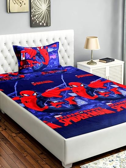 Kids Cartoon Glace Cotton Single Bedsheet with 1 Pillow Cover.(Spiderman,)