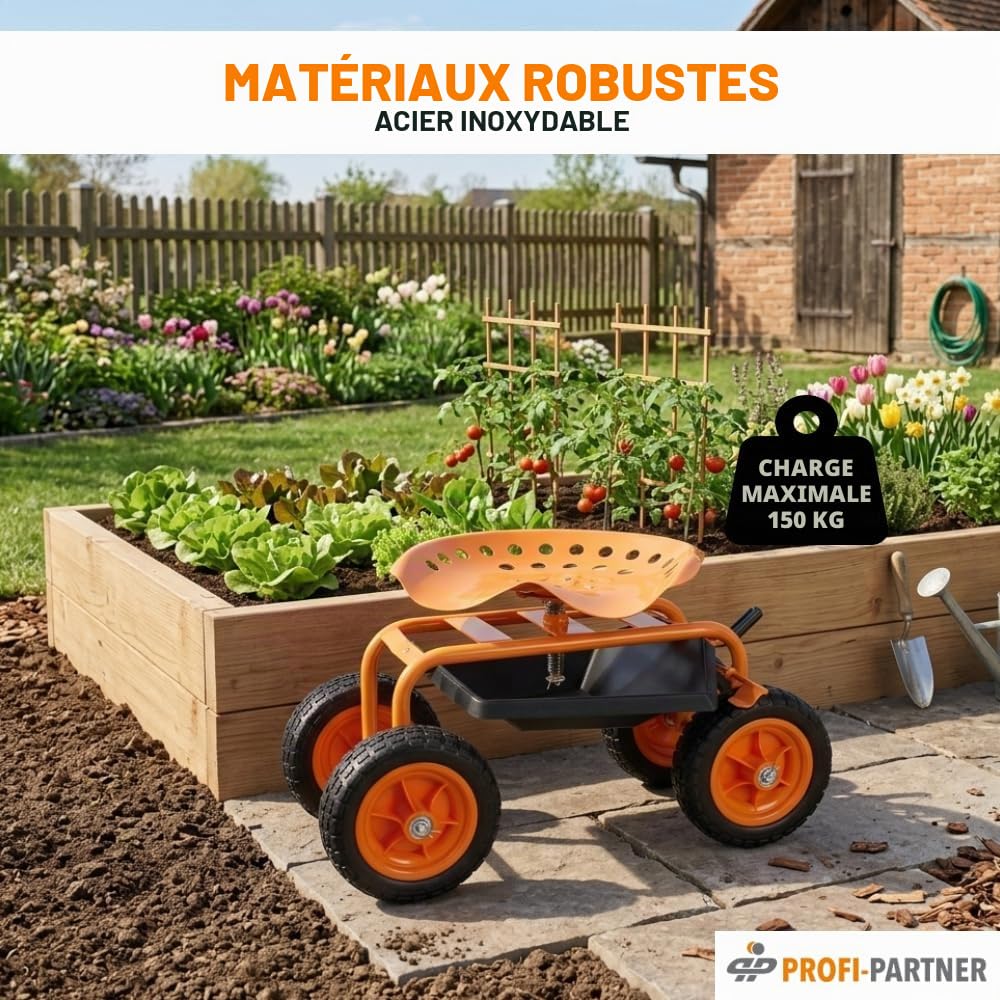 Siège de travail à roulettes pour jardinage - Siège de jardin - Chariot d'atelier avec roulettes - Charge maximale : 150 kg - Frein de stationnement - Pivotant à 360°
